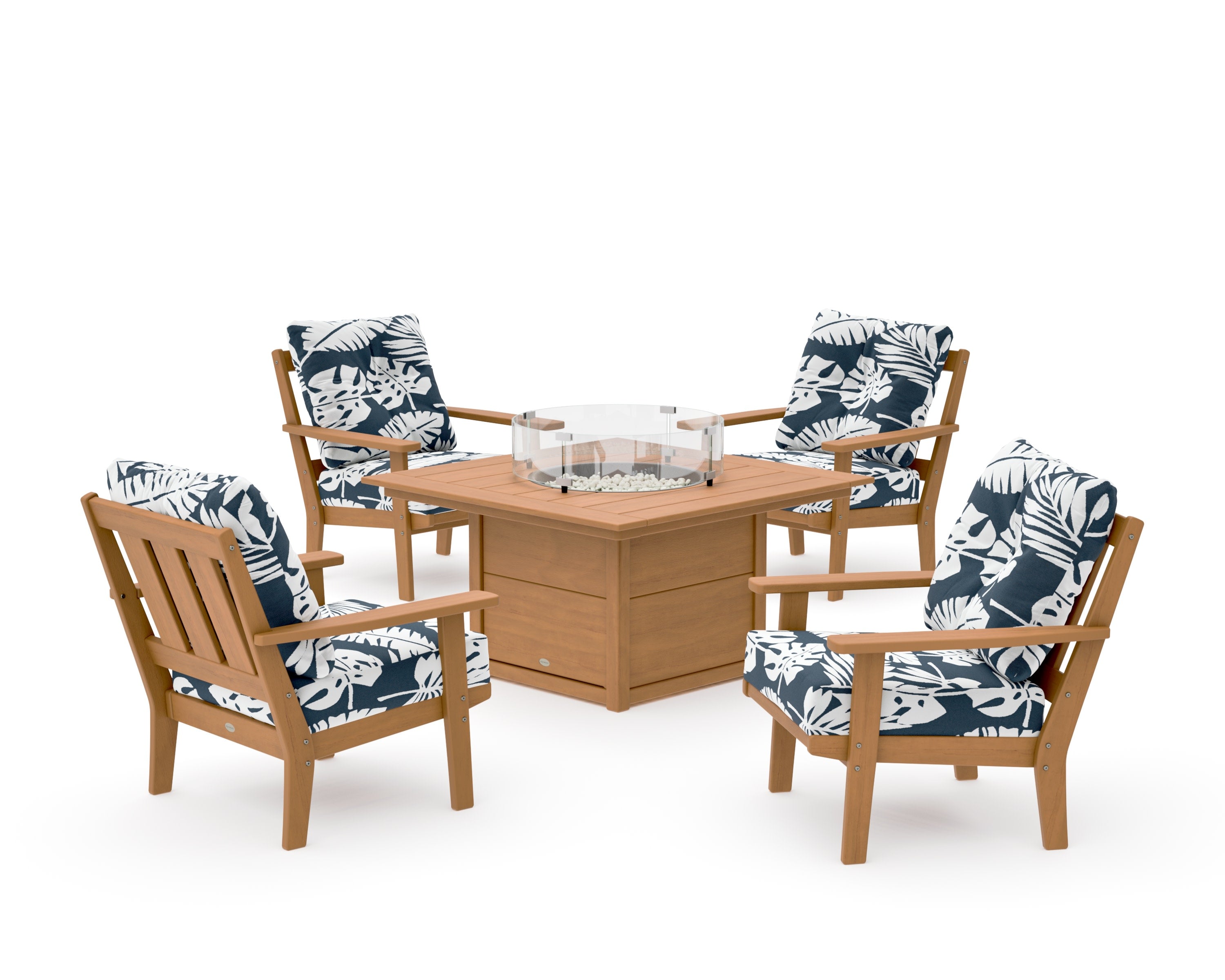 Oxford 5-Piece Deep Seating Set with Fire Pit Table in Natural / Leaf Marine Indigo