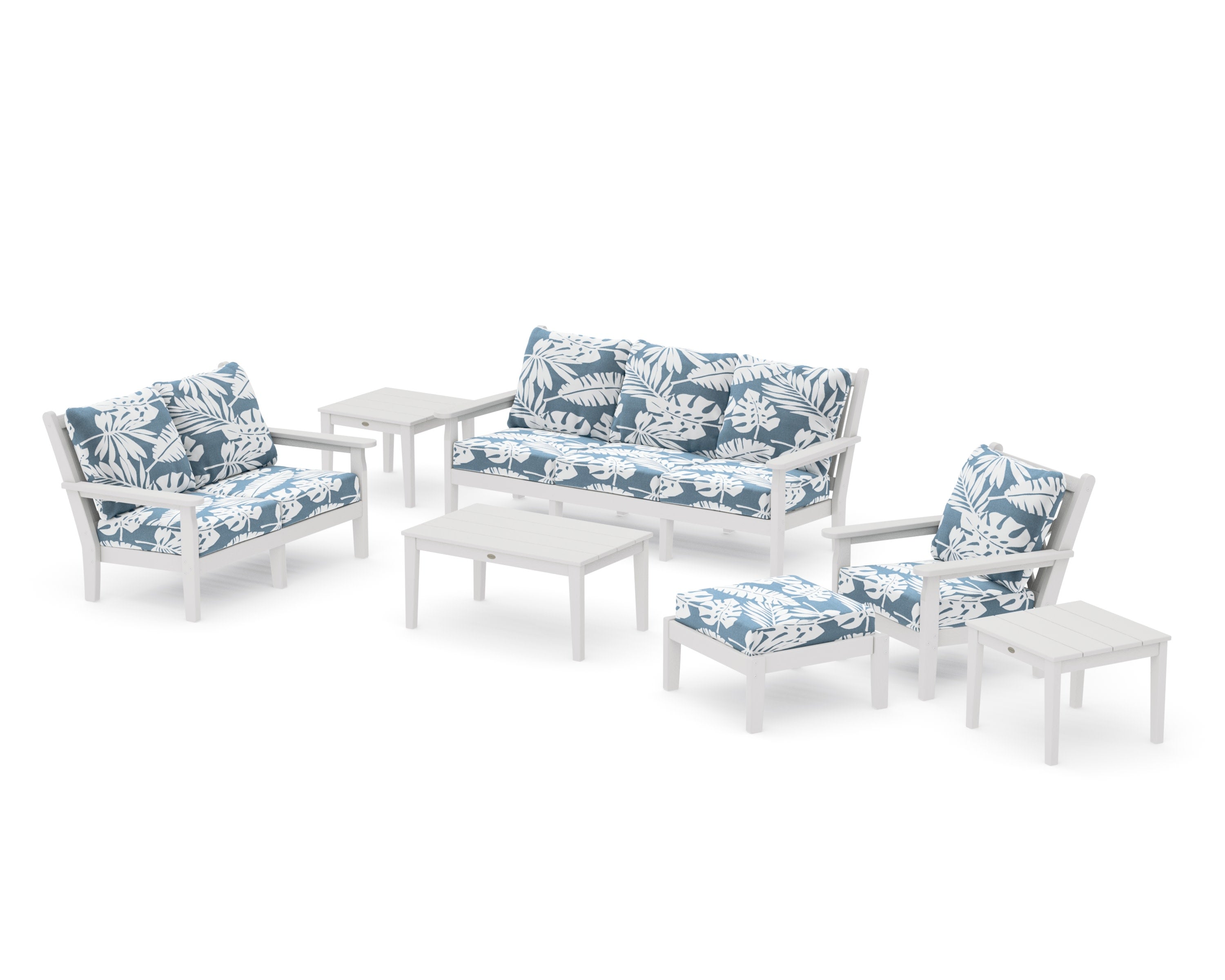 Chippendale 7-Piece Deep Seating Set in Vintage White / Leaf Sky Blue