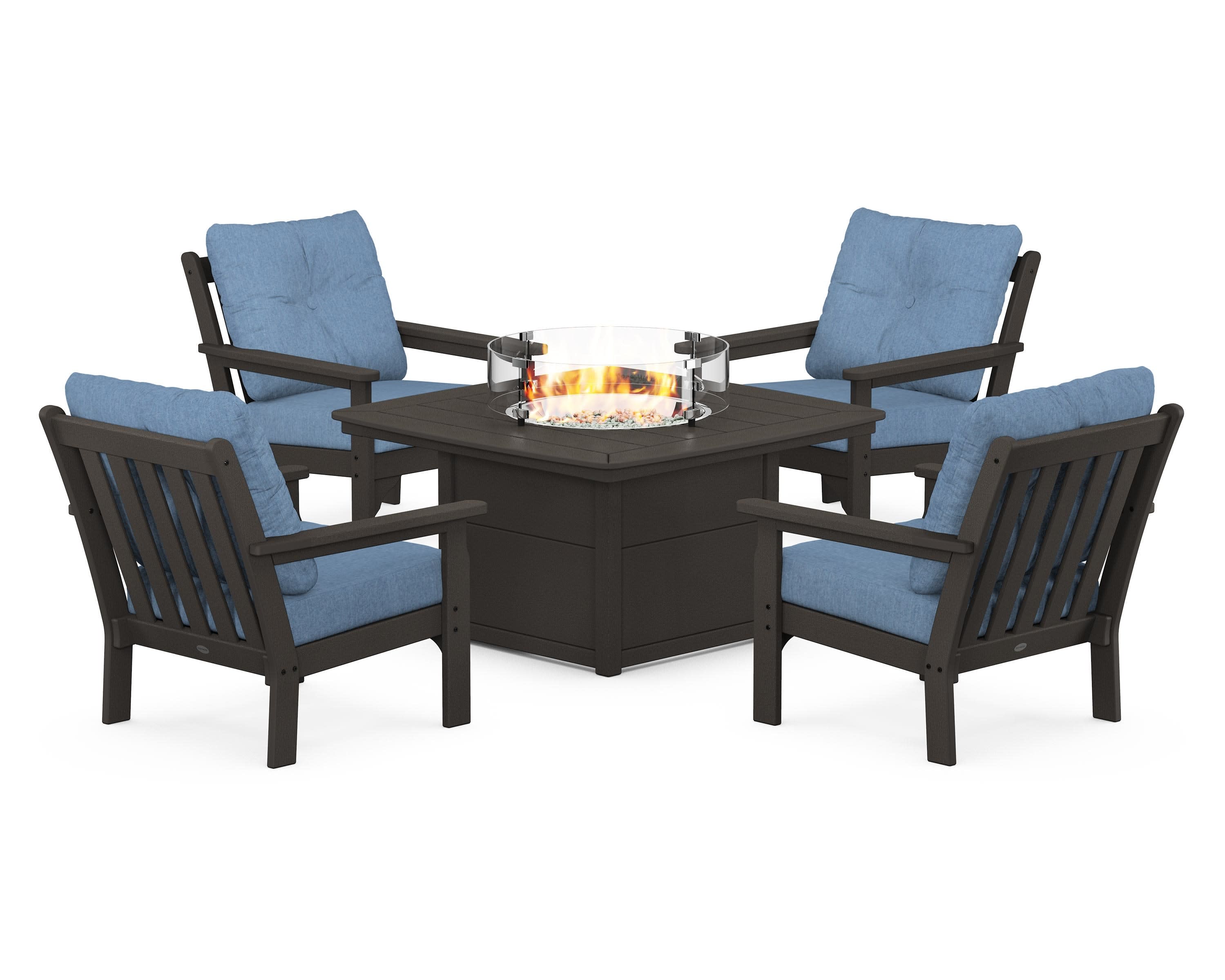 Vineyard 5-Piece Conversation Set with Fire Pit Table in Vintage Coffee / Sky Blue