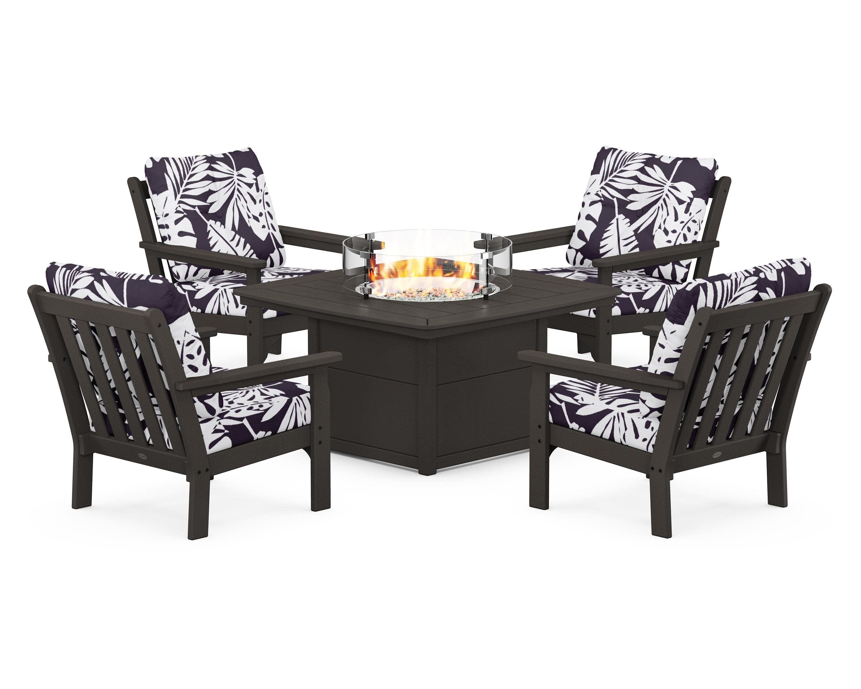 Vineyard 5-Piece Conversation Set with Fire Pit Table in Vintage Coffee / Leaf Navy