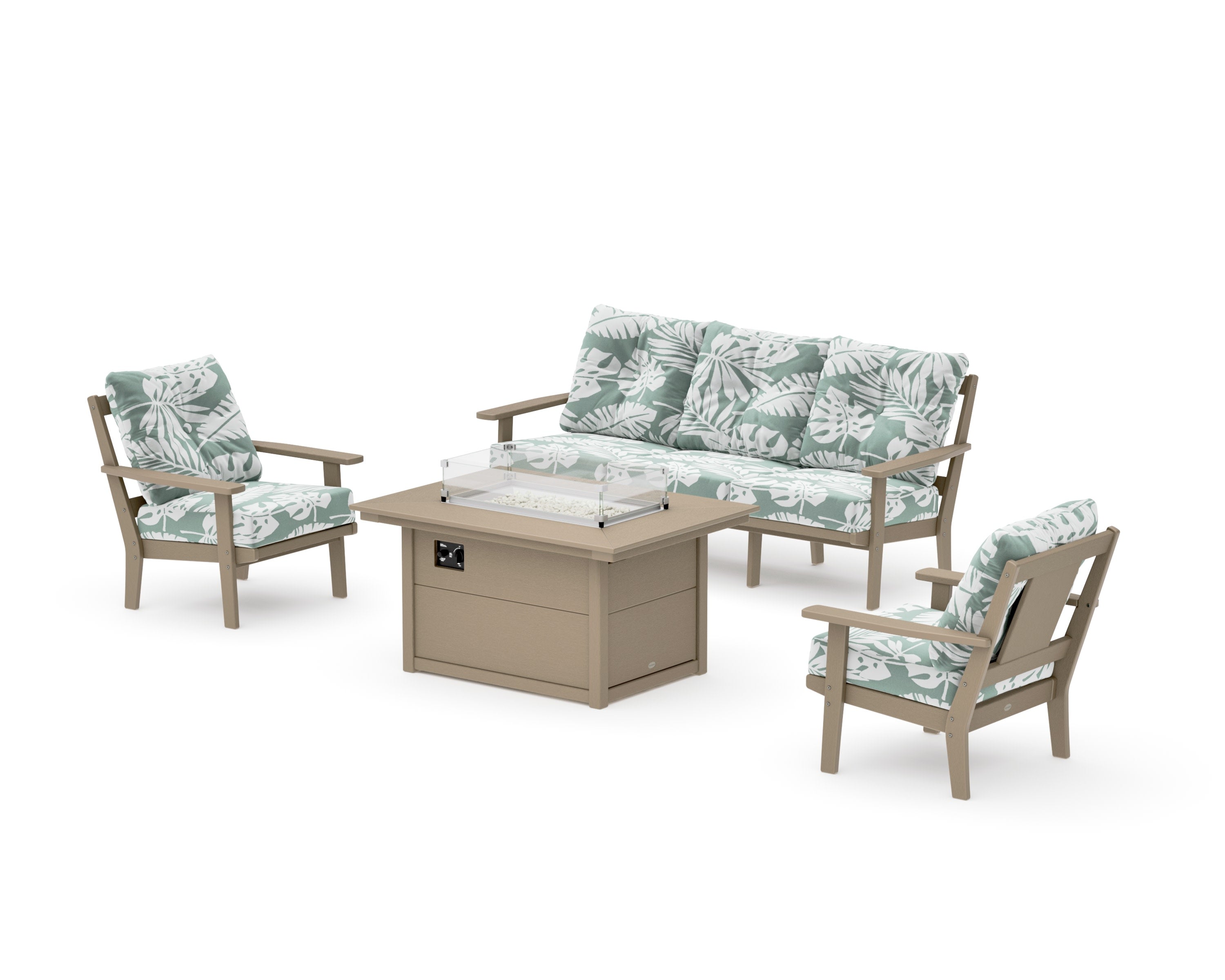 Prairie Deep Seating Fire Pit Table Set in Vintage Sahara / Leaf Glacier Spa