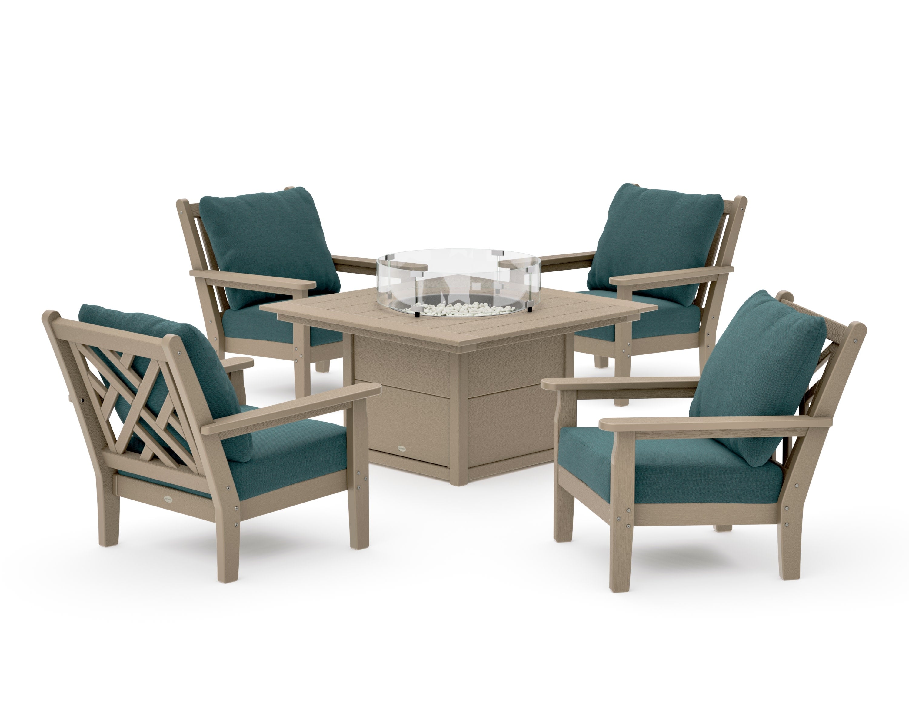 Chippendale 5-Piece Deep Seating Set with Fire Pit Table in Vintage Sahara / Ocean Teal