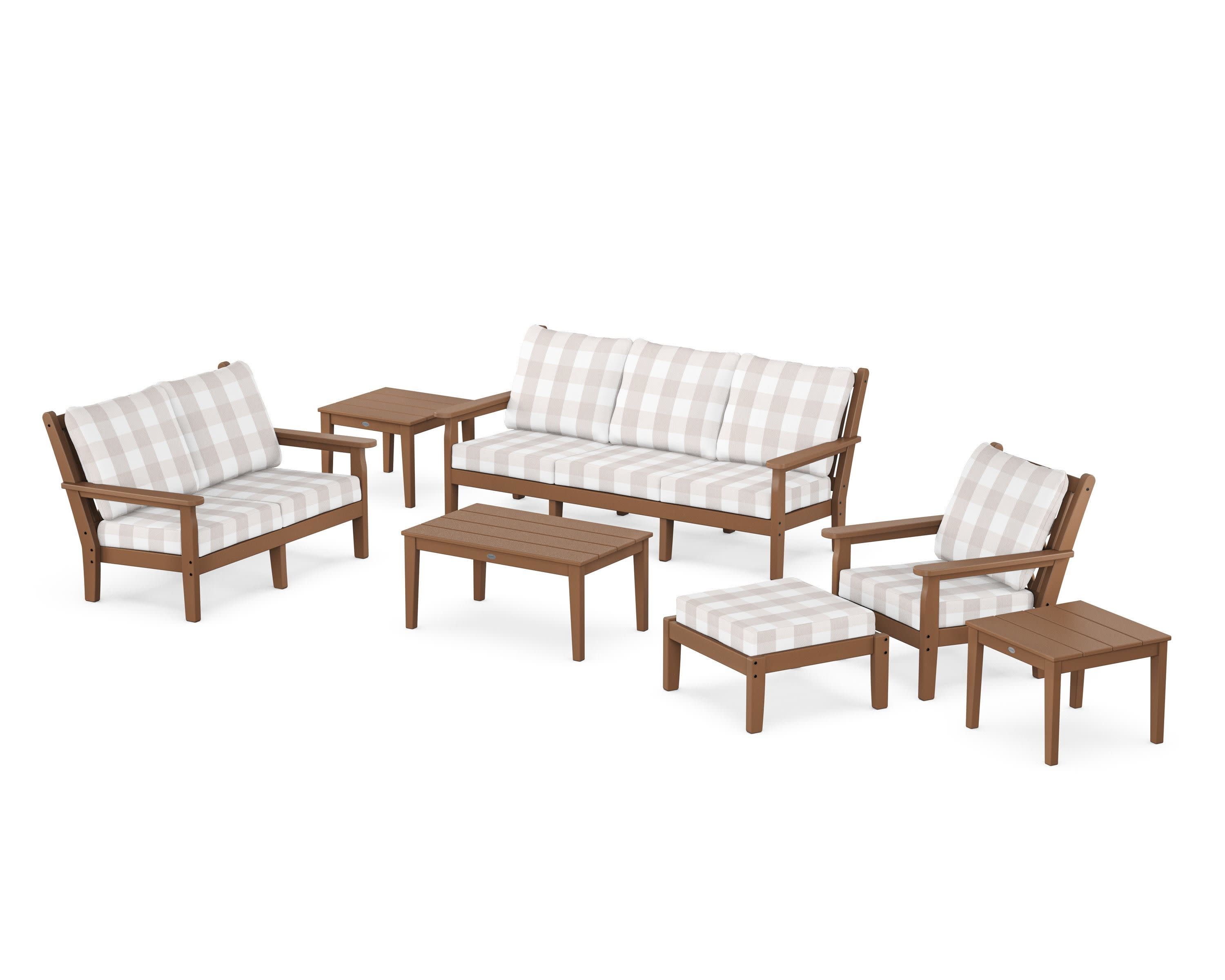 Chippendale 7-Piece Deep Seating Set in Teak / Buffalo Plaid Dune Burlap