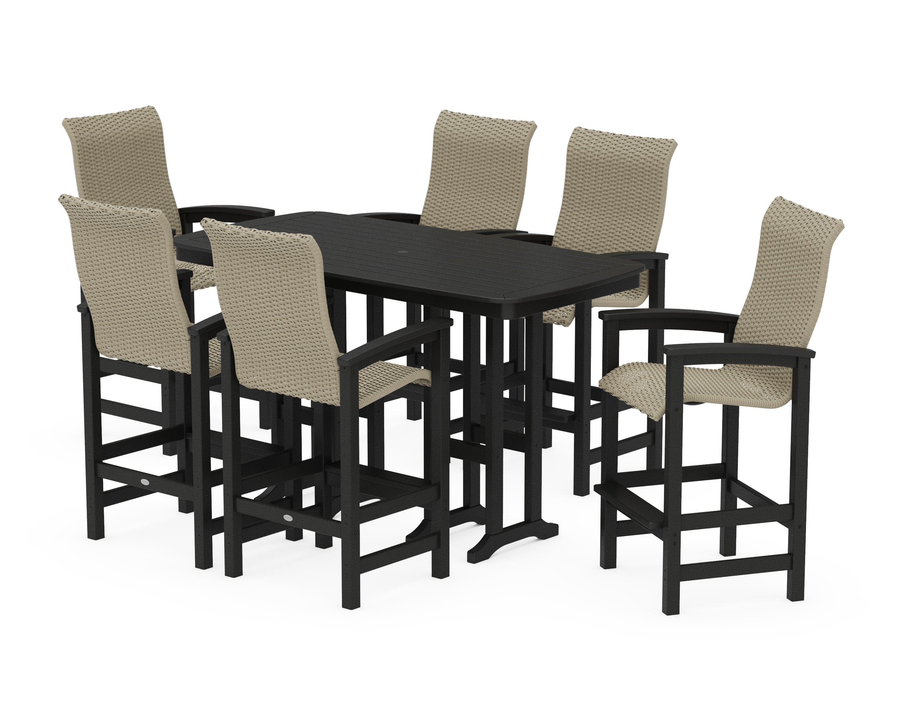Coastal Woven High-Back Arm Chair 7-Piece Bar Set in Black / Dune Grass