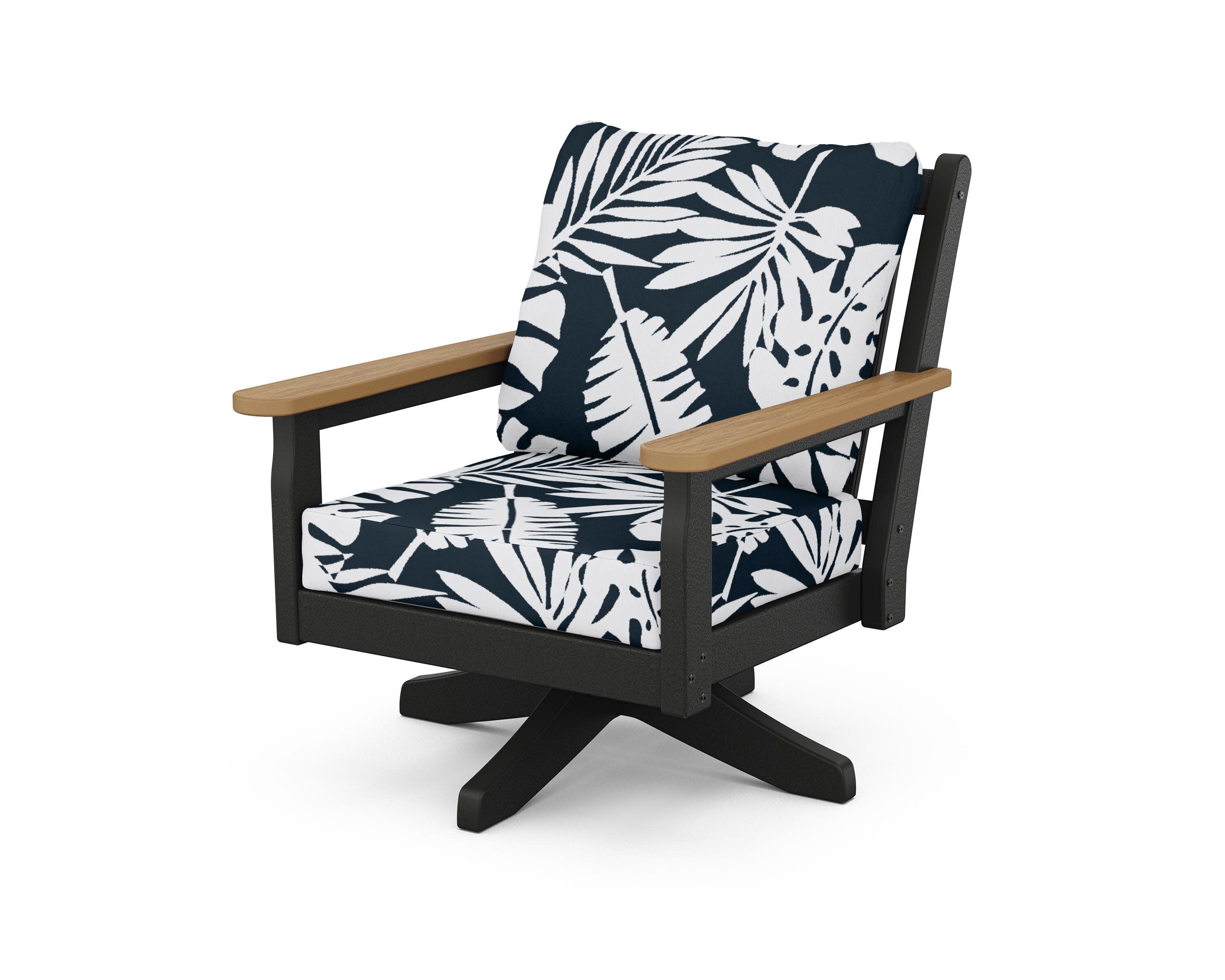 Chippendale Deep Seating Swivel Chair in Black / Natural / Leaf Marine Indigo