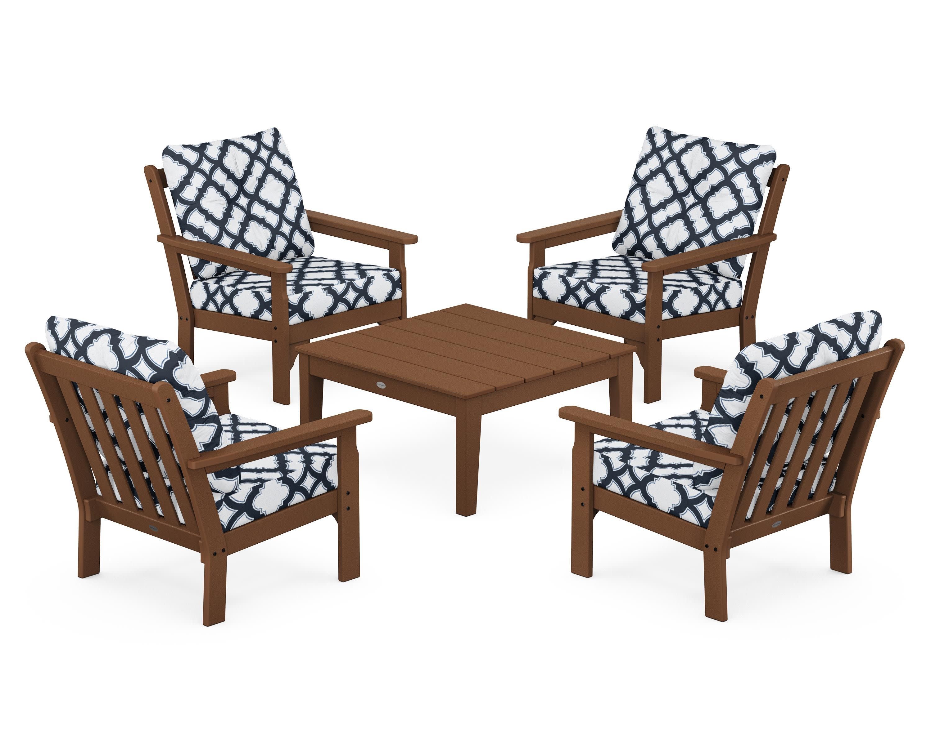 Vineyard 5-Piece Deep Seating Conversation Set in Teak / Trellis Marine Indigo