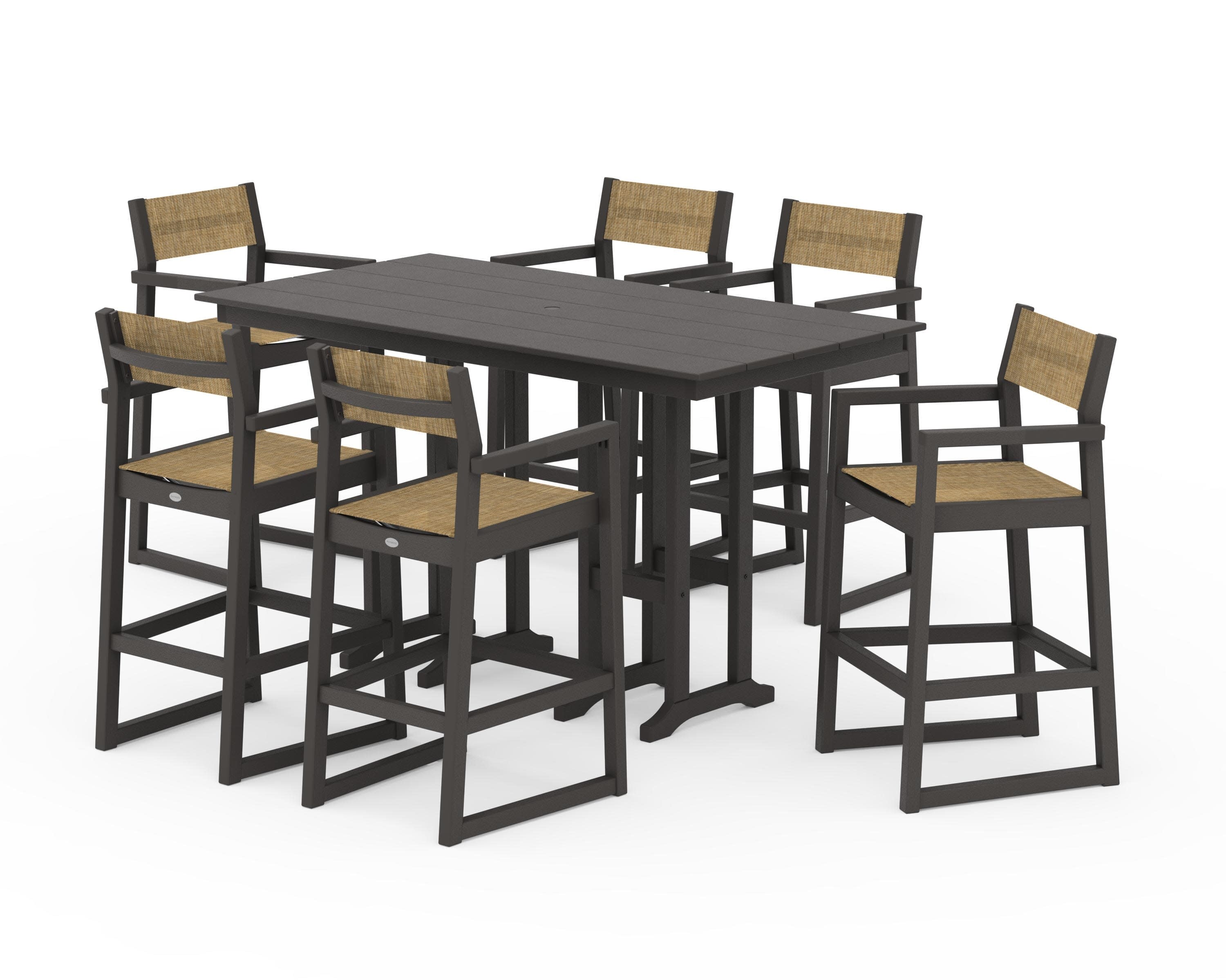 EDGE Sling Arm Chair 7-Piece Farmhouse Bar Set in Vintage Coffee / Burlap Sling