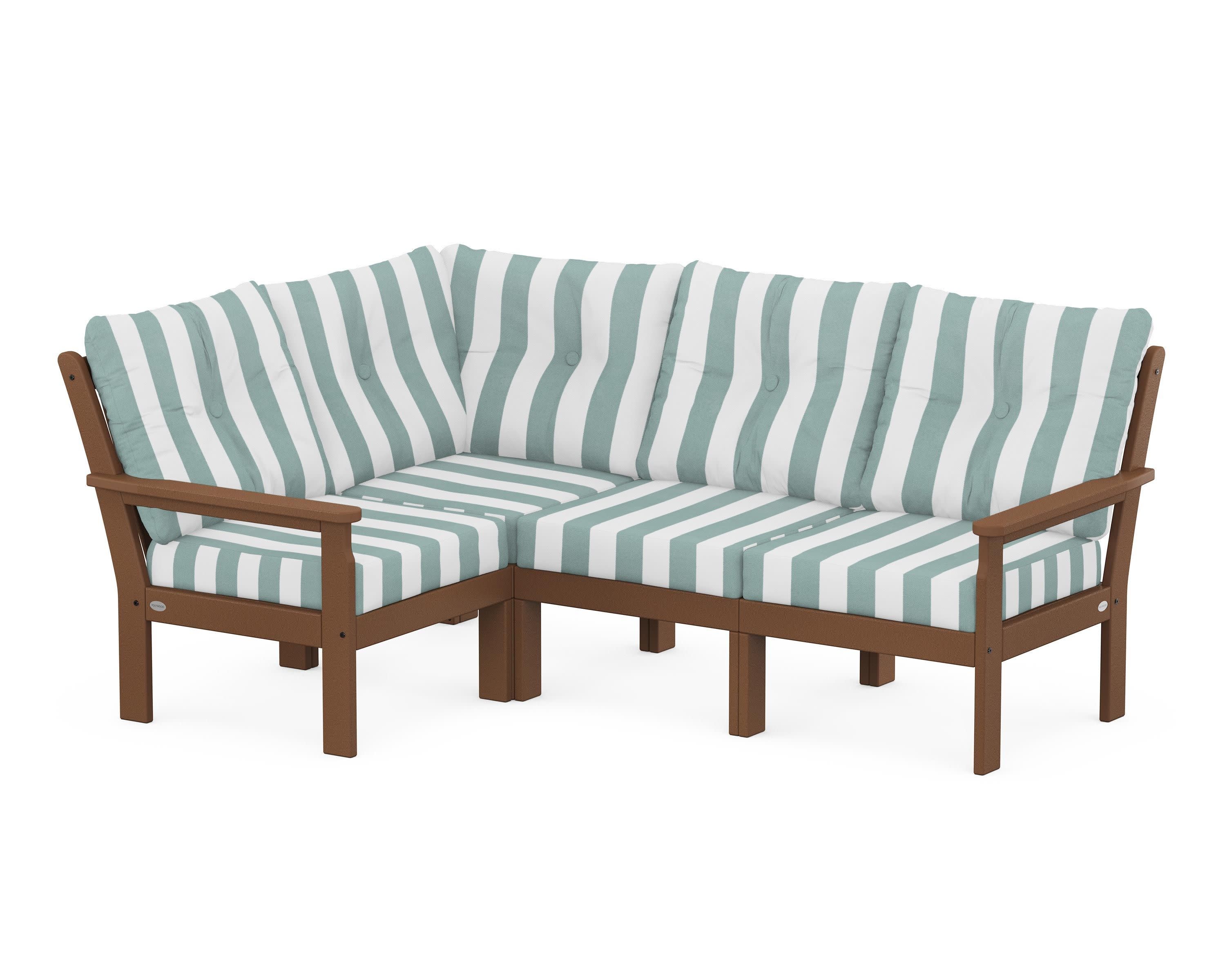 Vineyard 4-Piece Sectional in Teak / Cabana Stripe Glacier Spa
