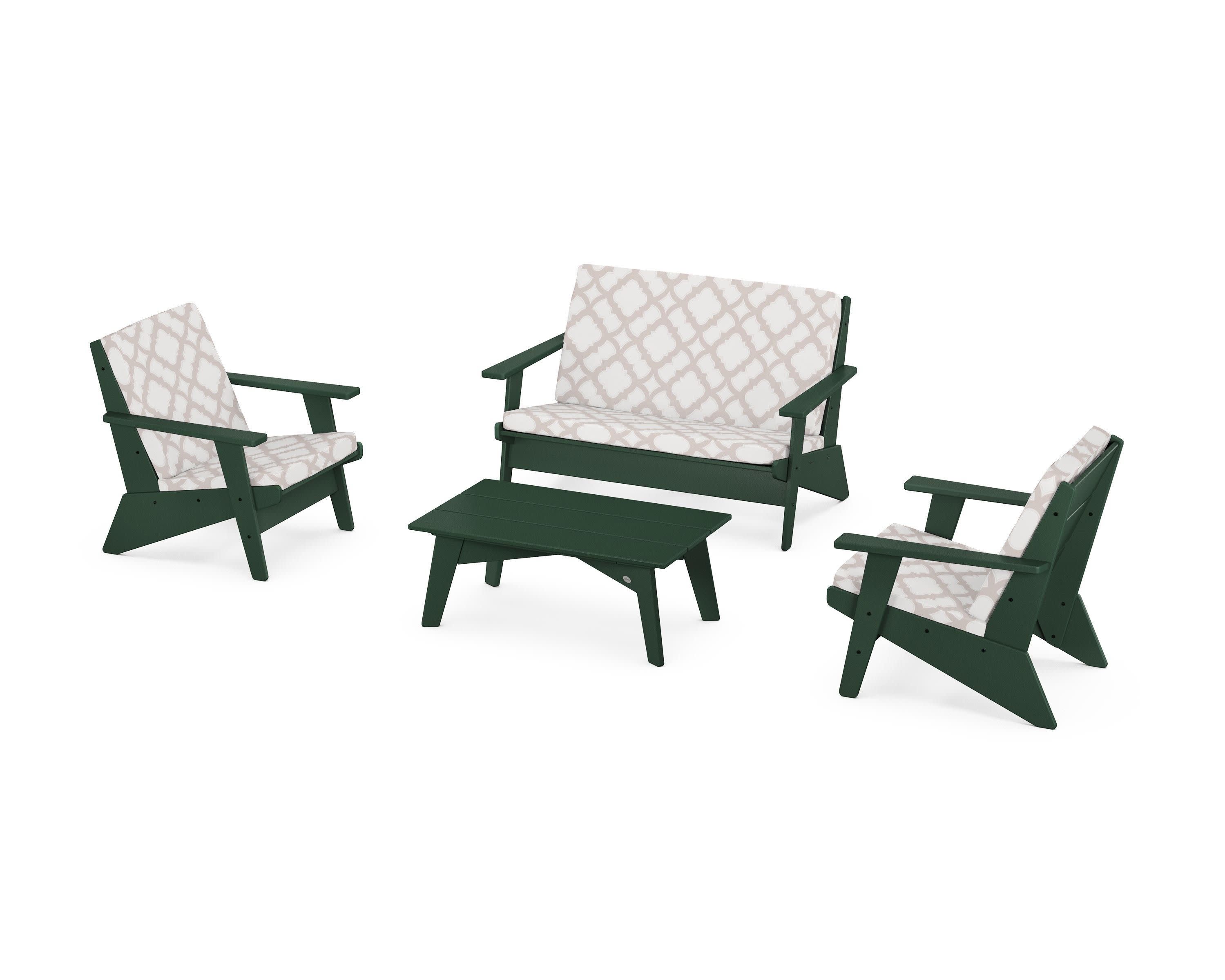 Riviera Modern Lounge 4-Piece Set in Green / Trellis Dune Burlap