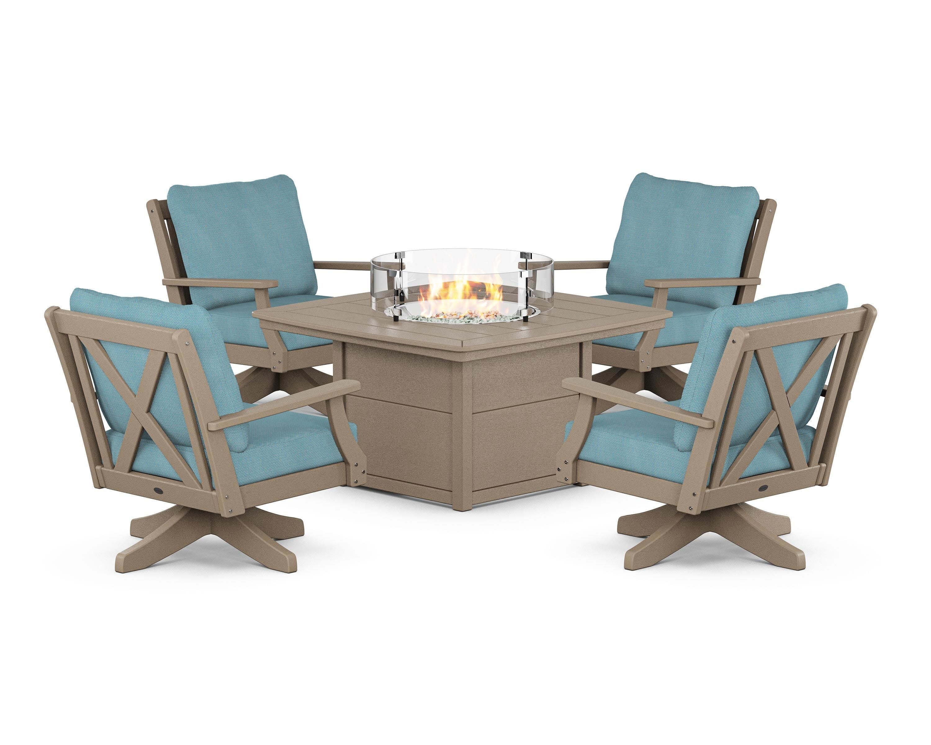 Braxton 5-Piece Deep Seating Swivel Conversation Set with Fire Pit Table in Vintage Sahara / Lattice Sky Blue