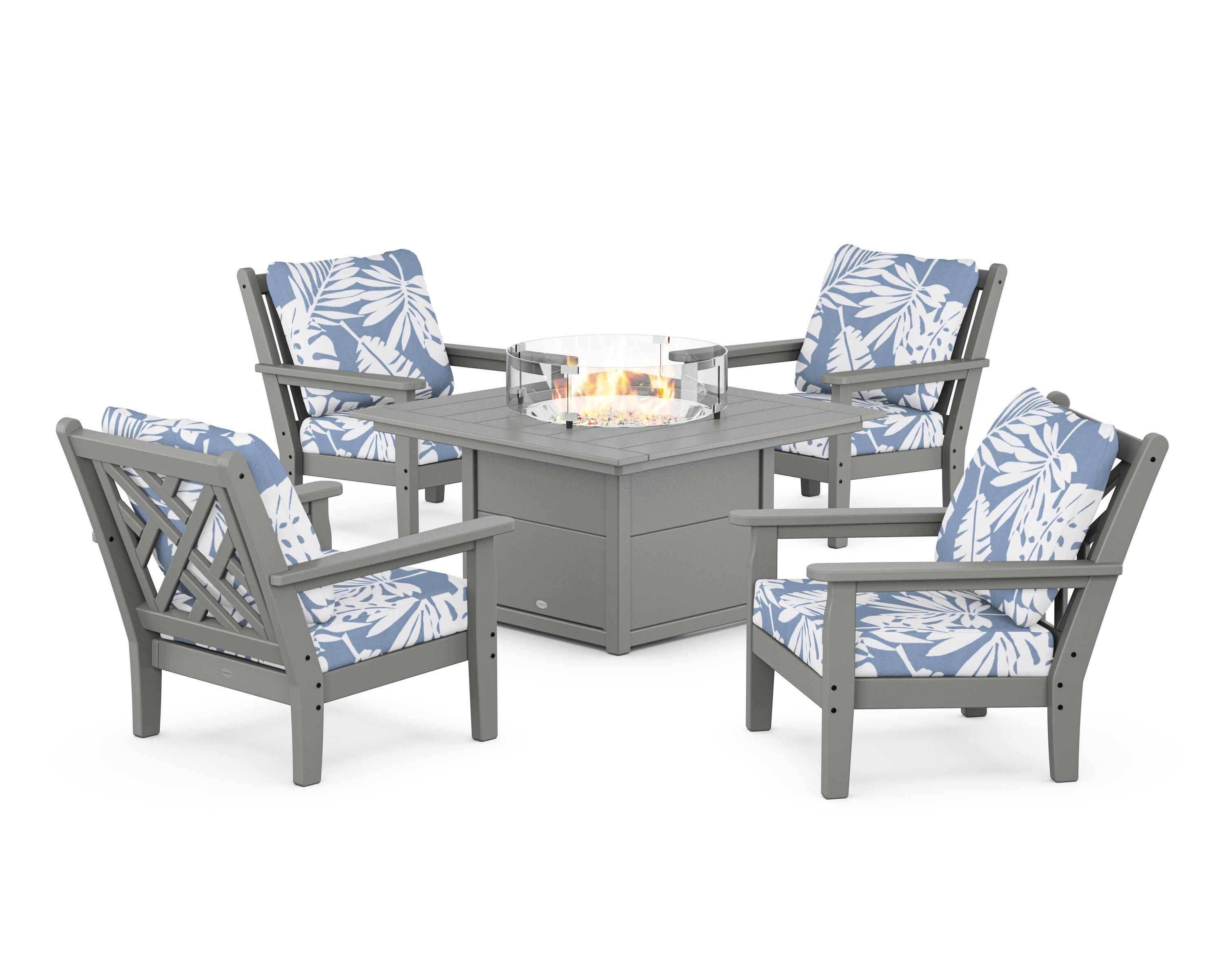 Chippendale 5-Piece Deep Seating Set with Fire Pit Table in Slate Grey / Leaf Sky Blue