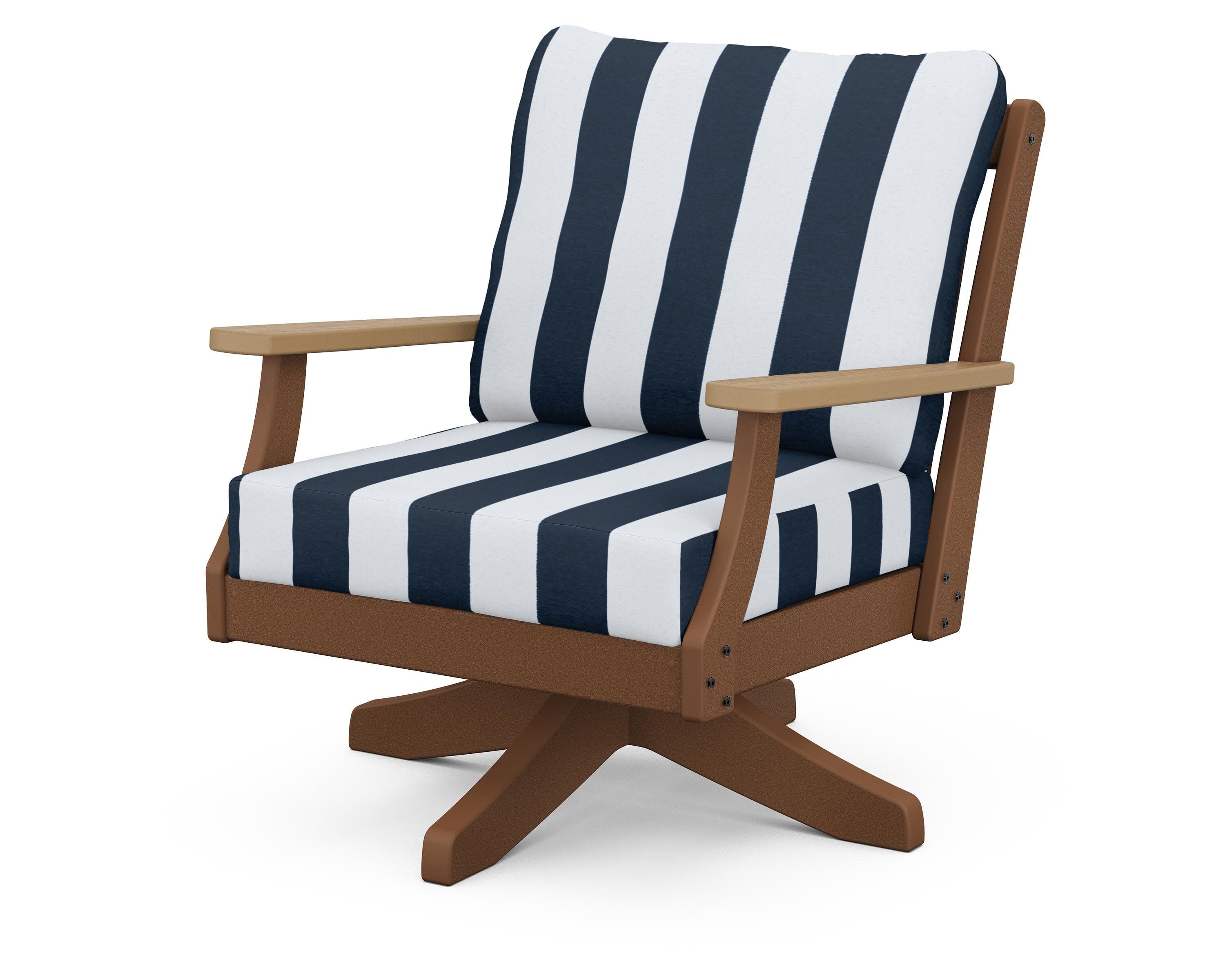 Braxton Deep Seating Swivel Chair in Teak / Natural / Cabana Stripe Marine Indigo