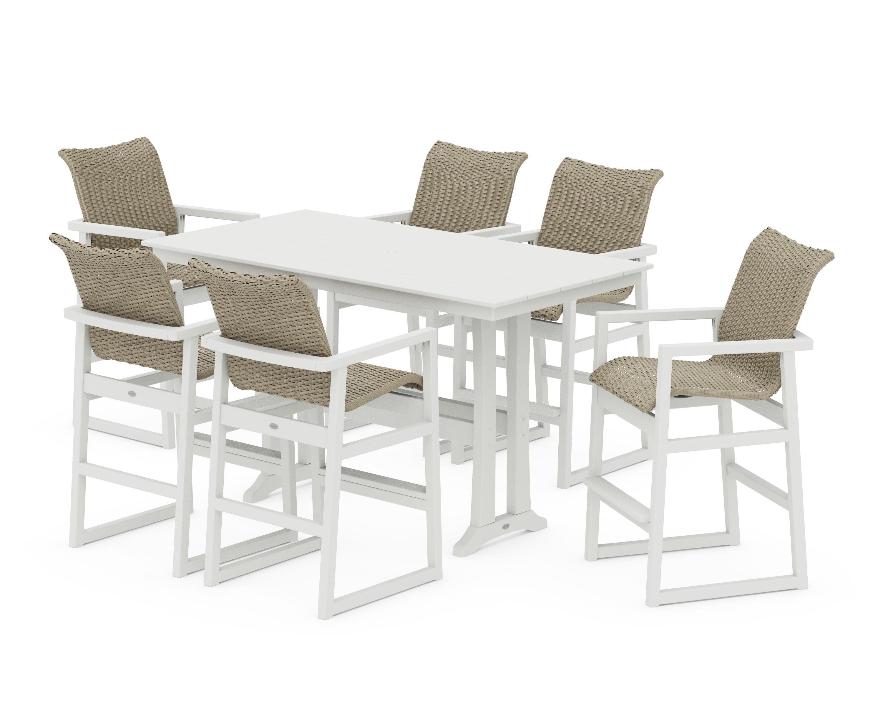 EDGE Woven Arm Chair 7-Piece Farmhouse Bar Set with Trestle Legs in Vintage White / Dune Grass