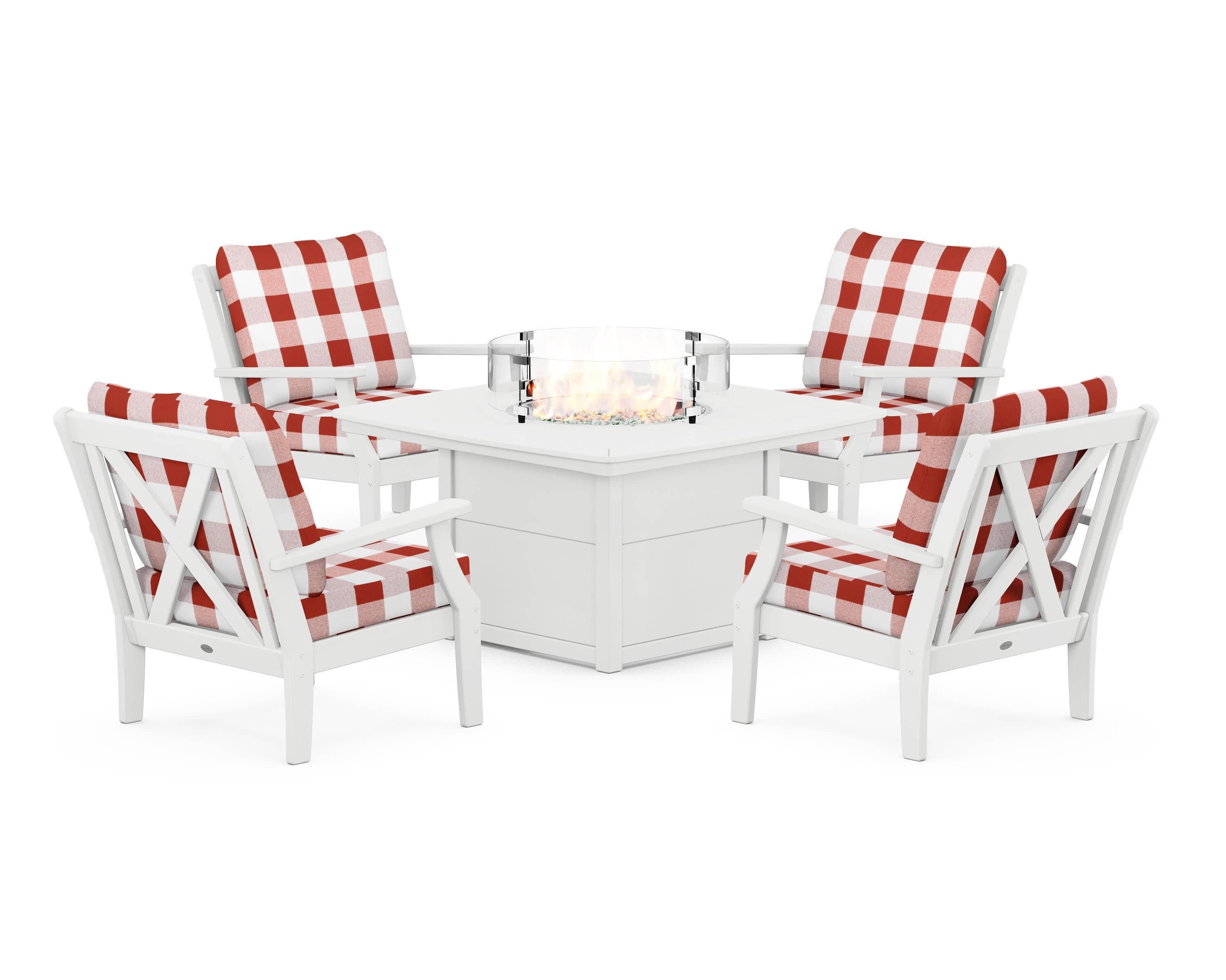 Braxton 5-Piece Deep Seating Conversation Set with Fire Pit Table in White / Buffalo Plaid Crimson