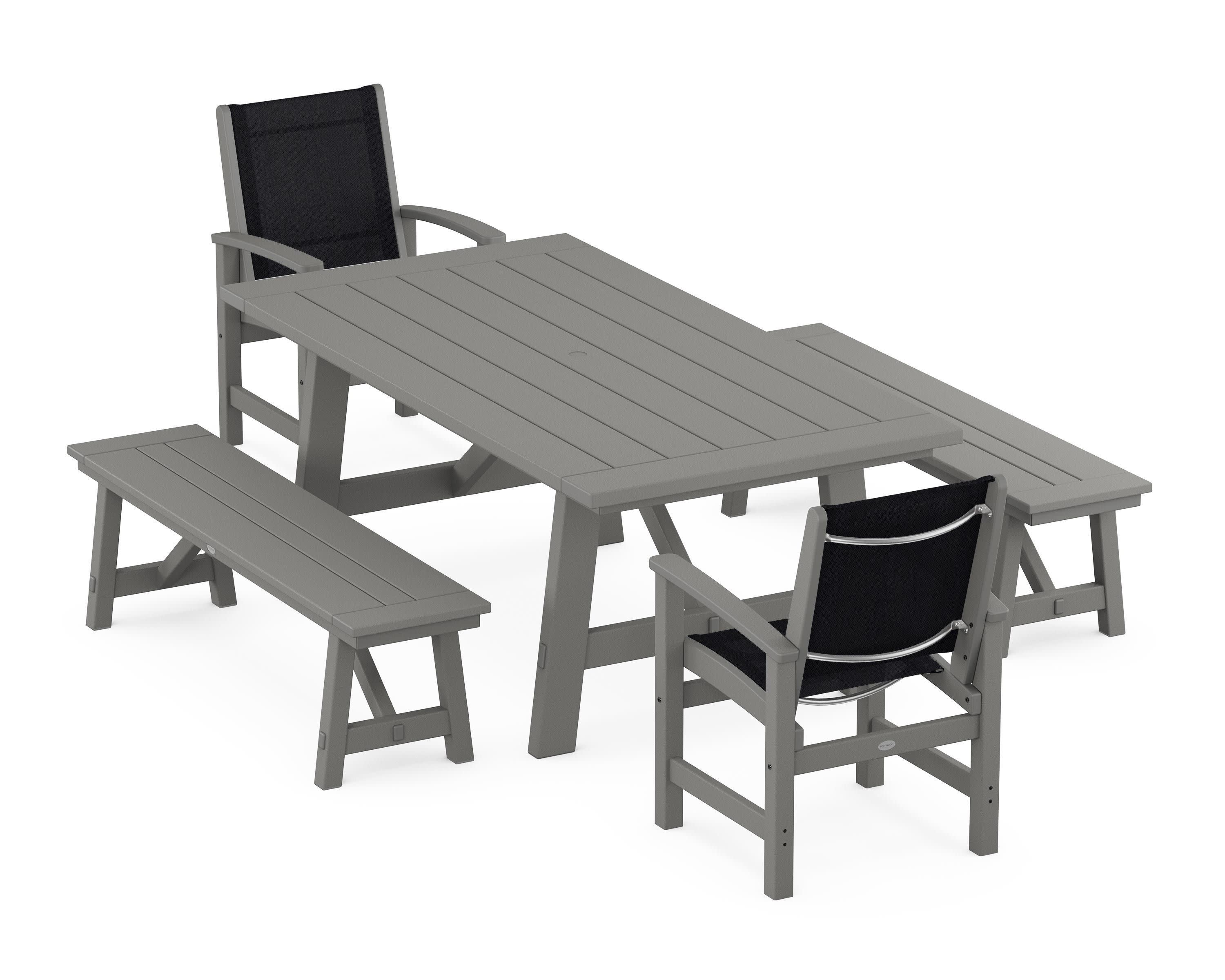 Coastal 5-Piece Rustic Farmhouse Dining Set With Benches in Slate Grey / Black Sling