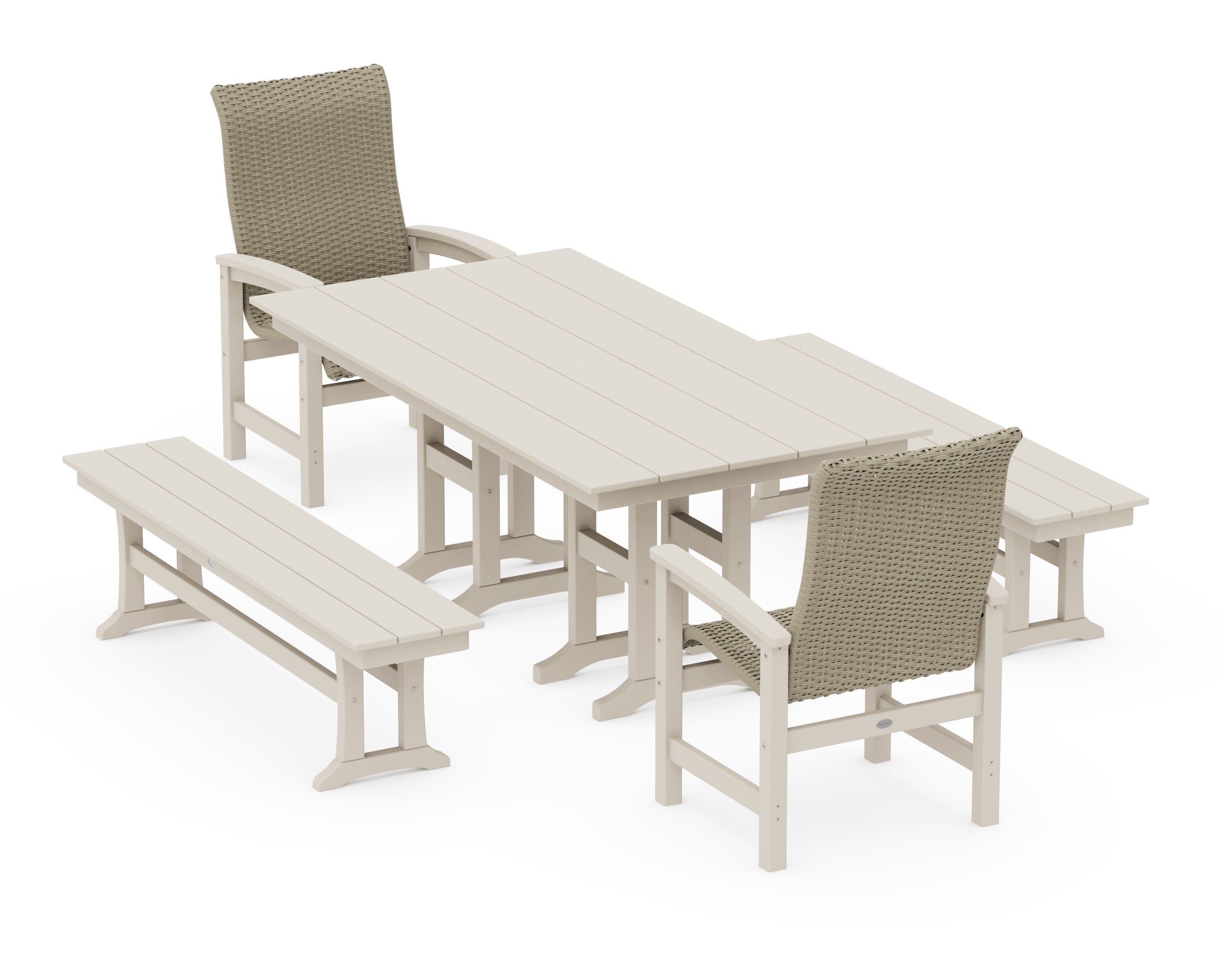 Coastal Woven High-Back 5-Piece Farmhouse Dining Set with Benches in Sand / Dune Grass