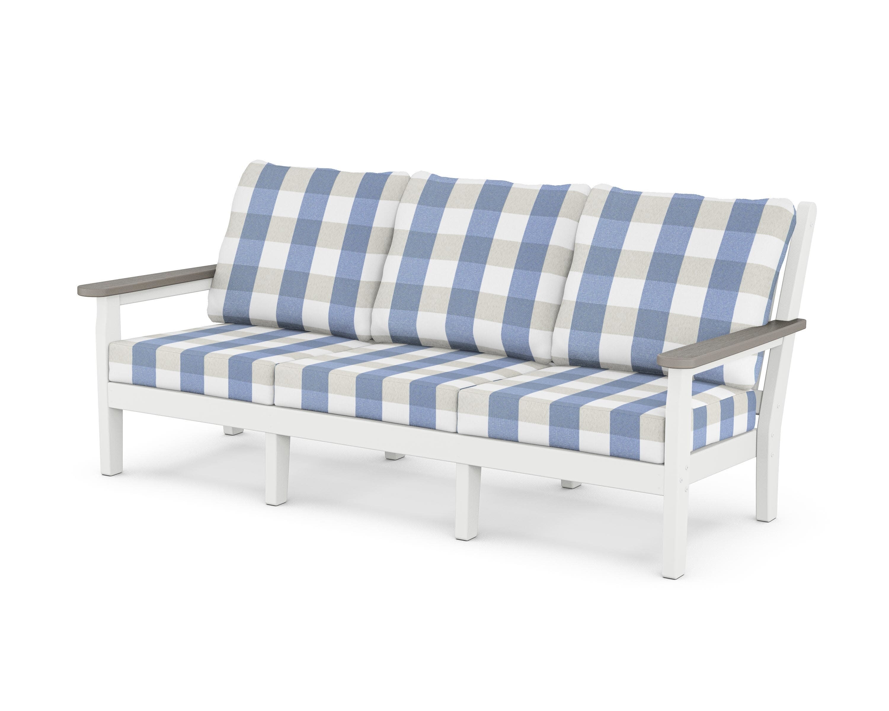 Chippendale Deep Seating Sofa in White / Driftwood / Buffalo Plaid Sky Blue