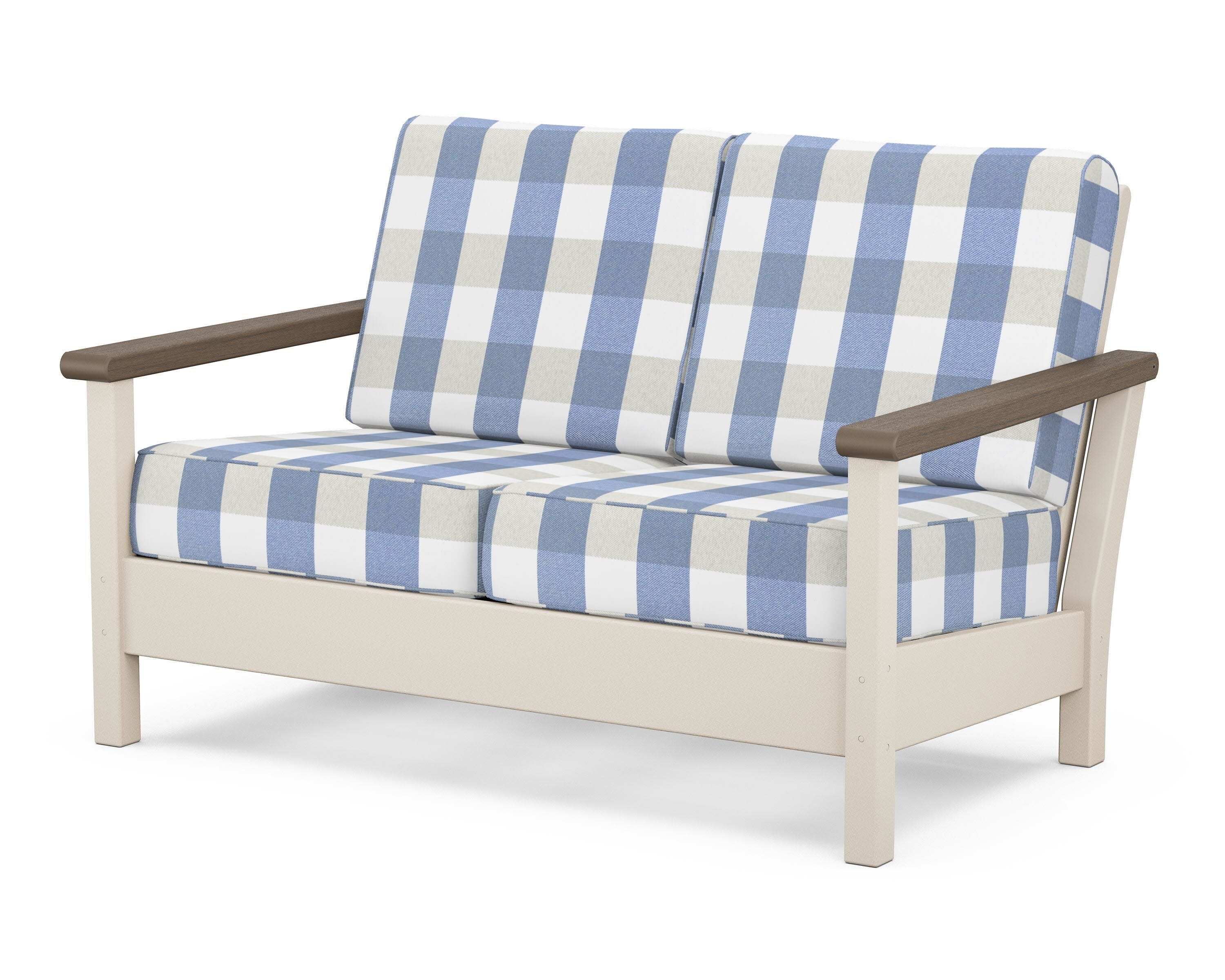 Harbour Deep Seating Loveseat in Sand / Kona / Buffalo Plaid Sky Blue