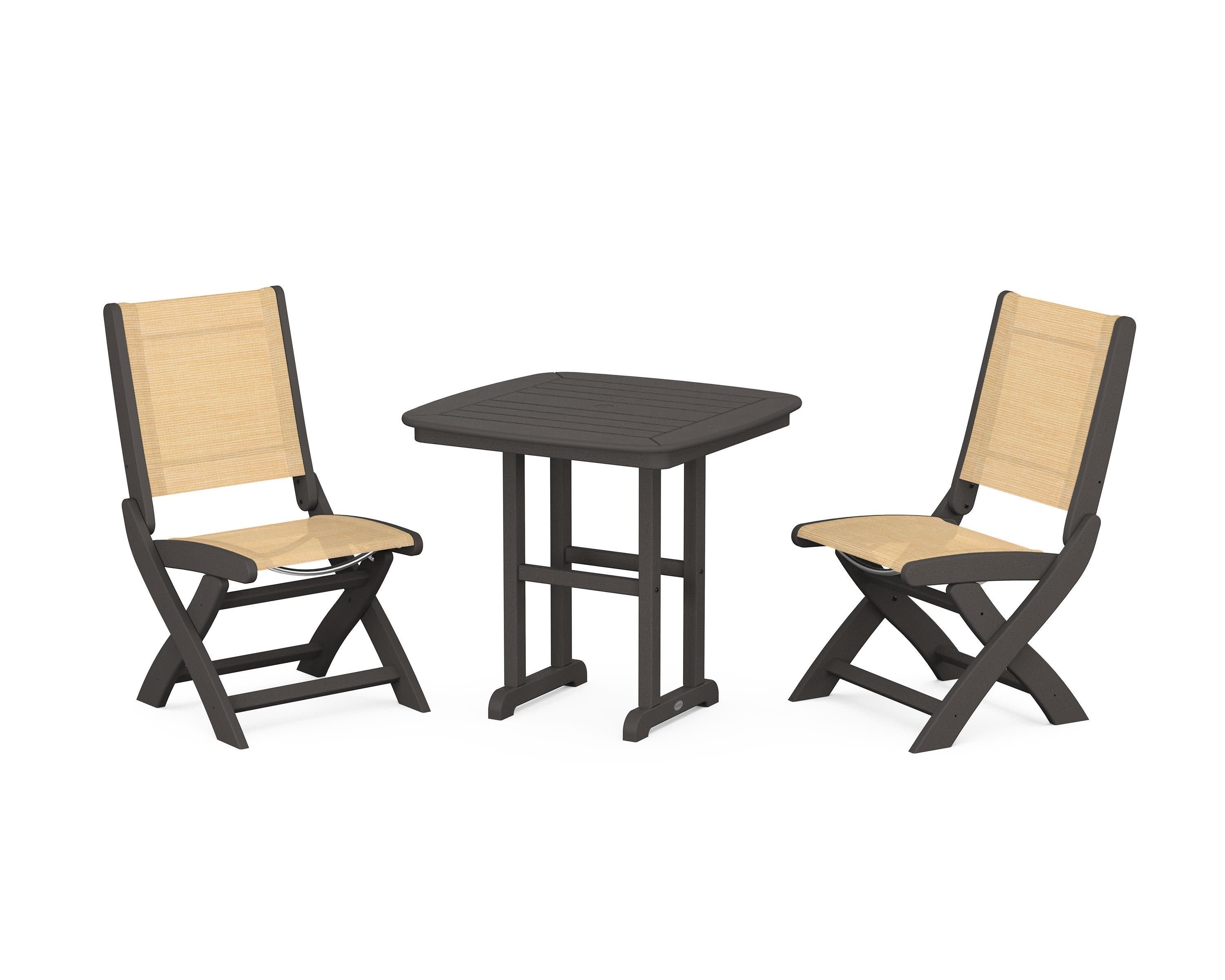 Coastal Folding Side Chair 3-Piece Dining Set in Vintage Coffee / Dupioni Apricot Sling