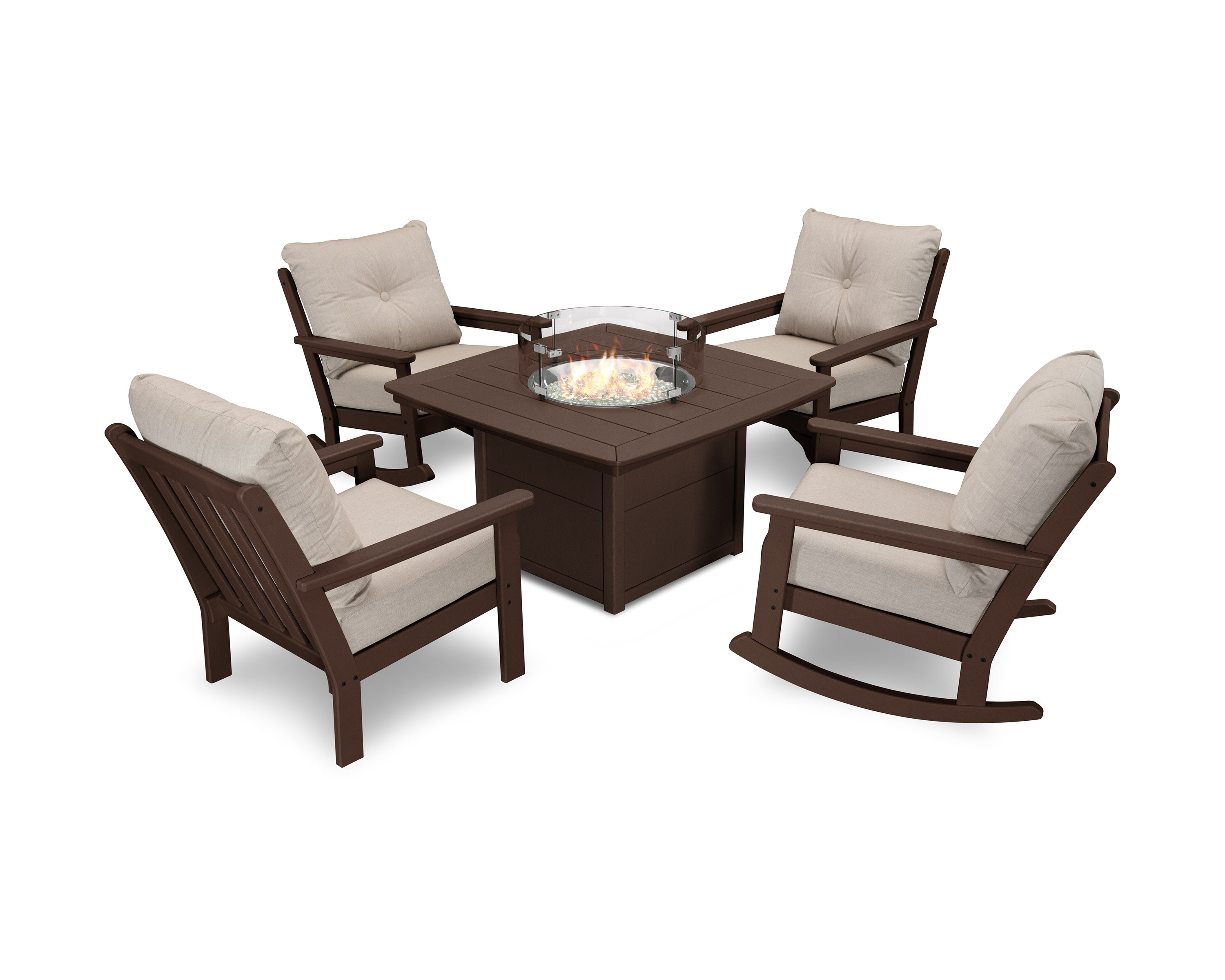 Vineyard 5-Piece Deep Seating Rocking Chair Conversation Set with Fire Pit Table in Mahogany / Cast Ash