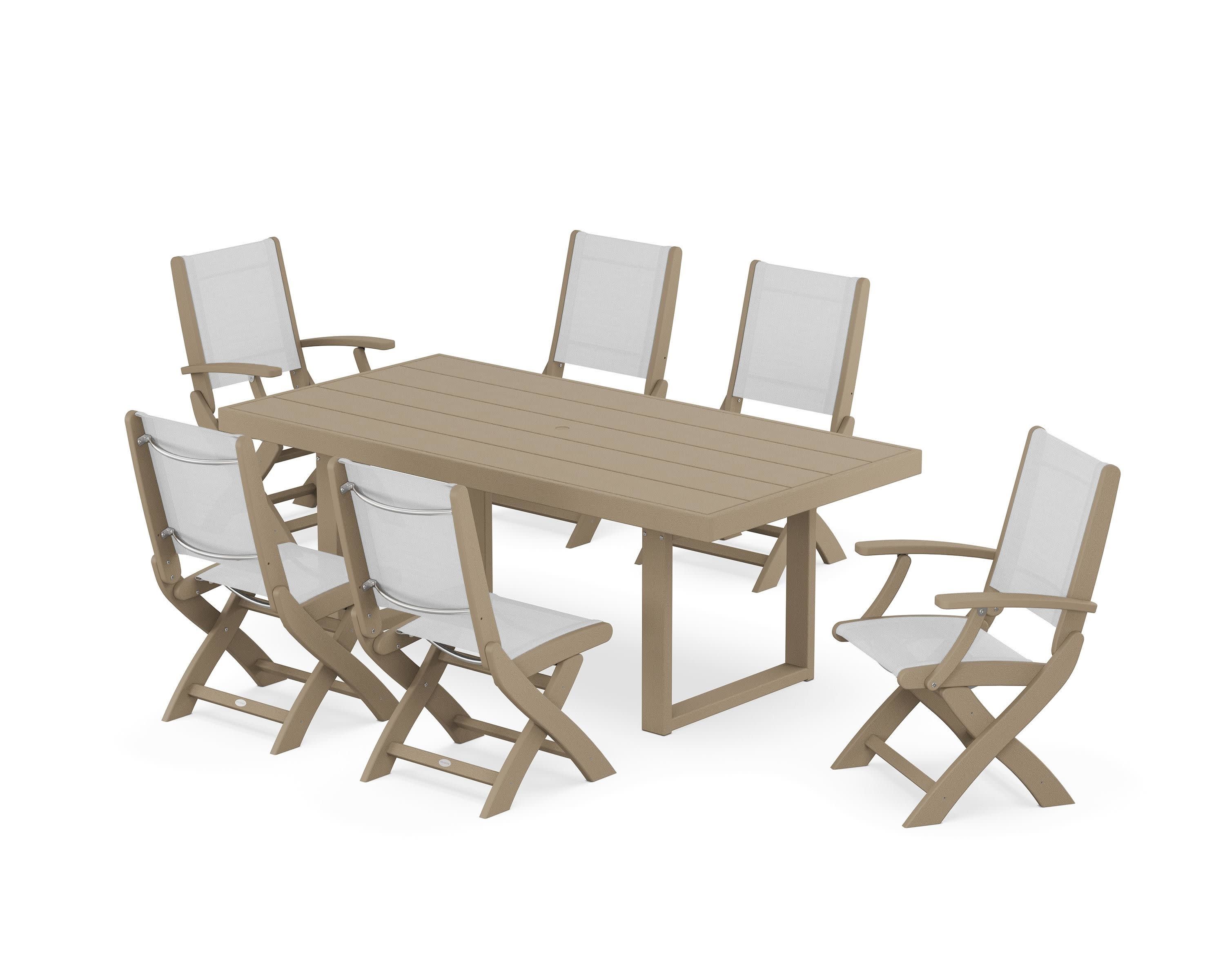 Coastal Folding Chair 7-Piece Dining Set with Trestle Legs in Vintage Sahara / White Sling