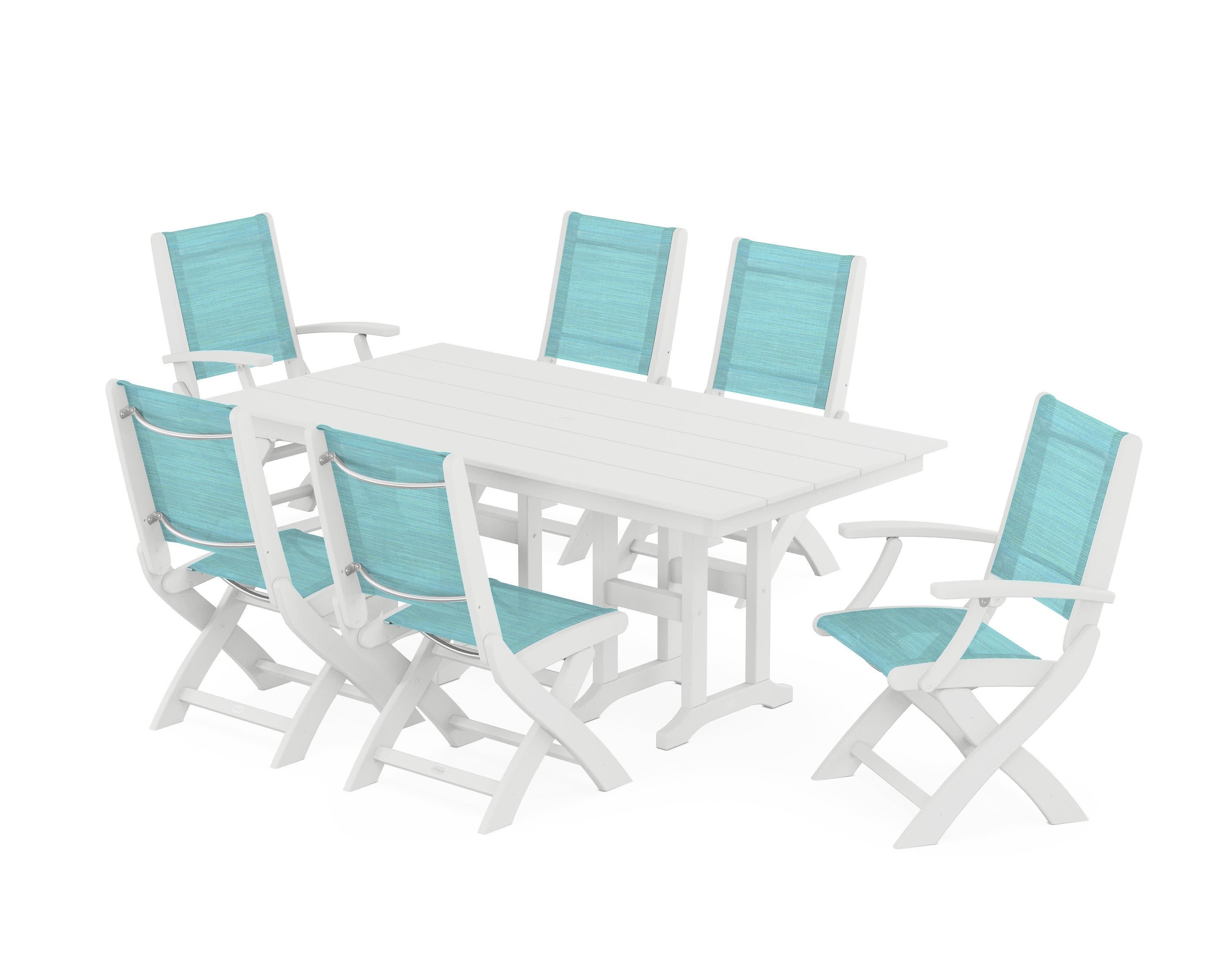 Coastal Folding Chair 7-Piece Farmhouse Dining Set in White / Dupioni Aquamarine Sling