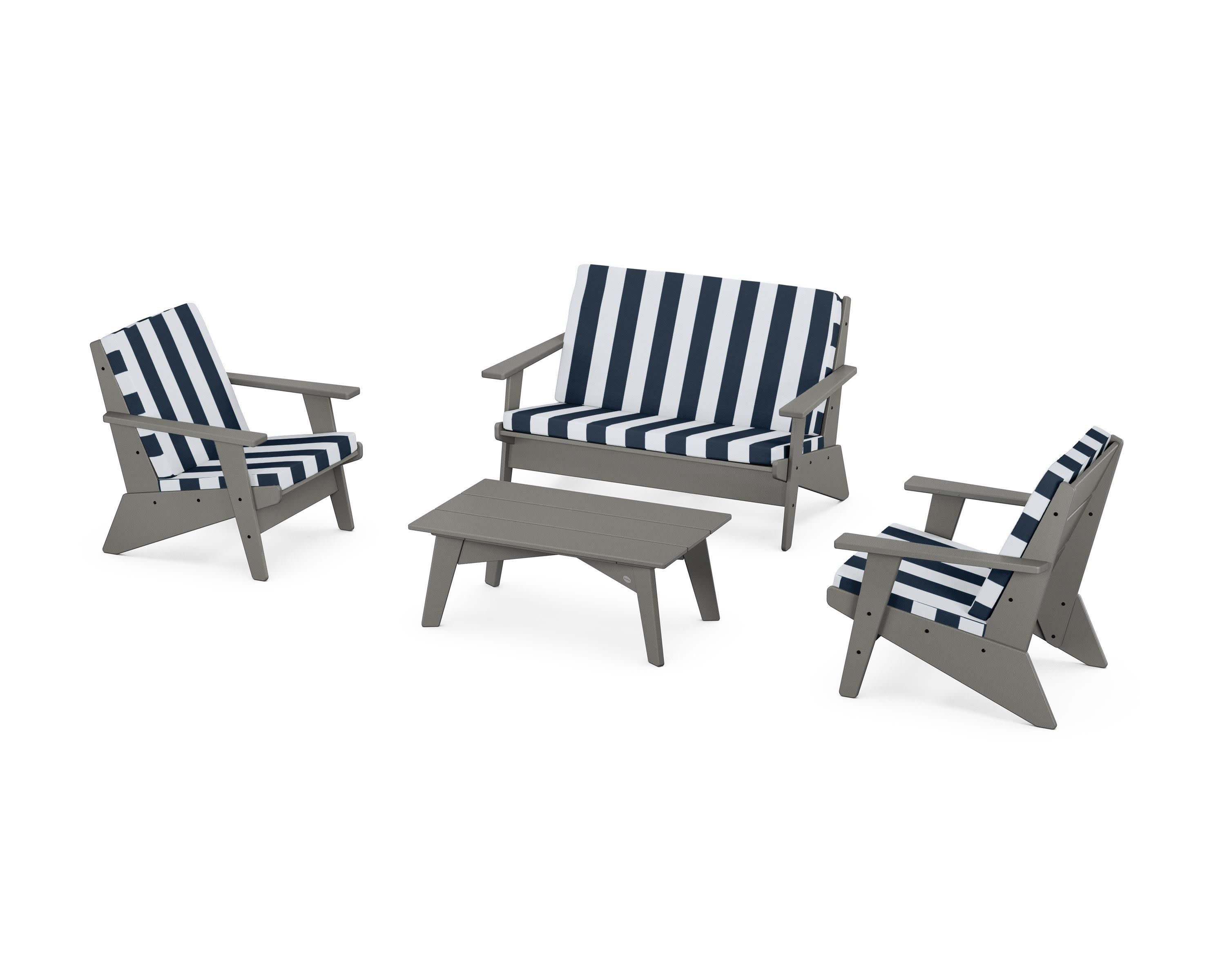 Riviera Modern Lounge 4-Piece Set in Slate Grey / Cabana Stripe Marine Indigo