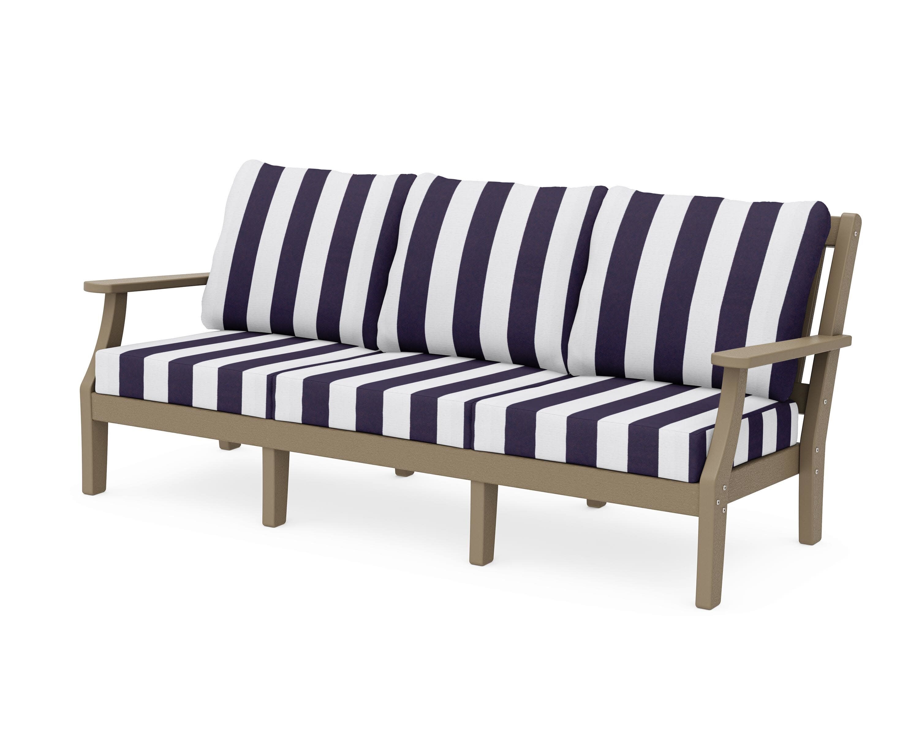 Chinoiserie Deep Seating Sofa in Vintage Sahara / Cabana Stripe Navy