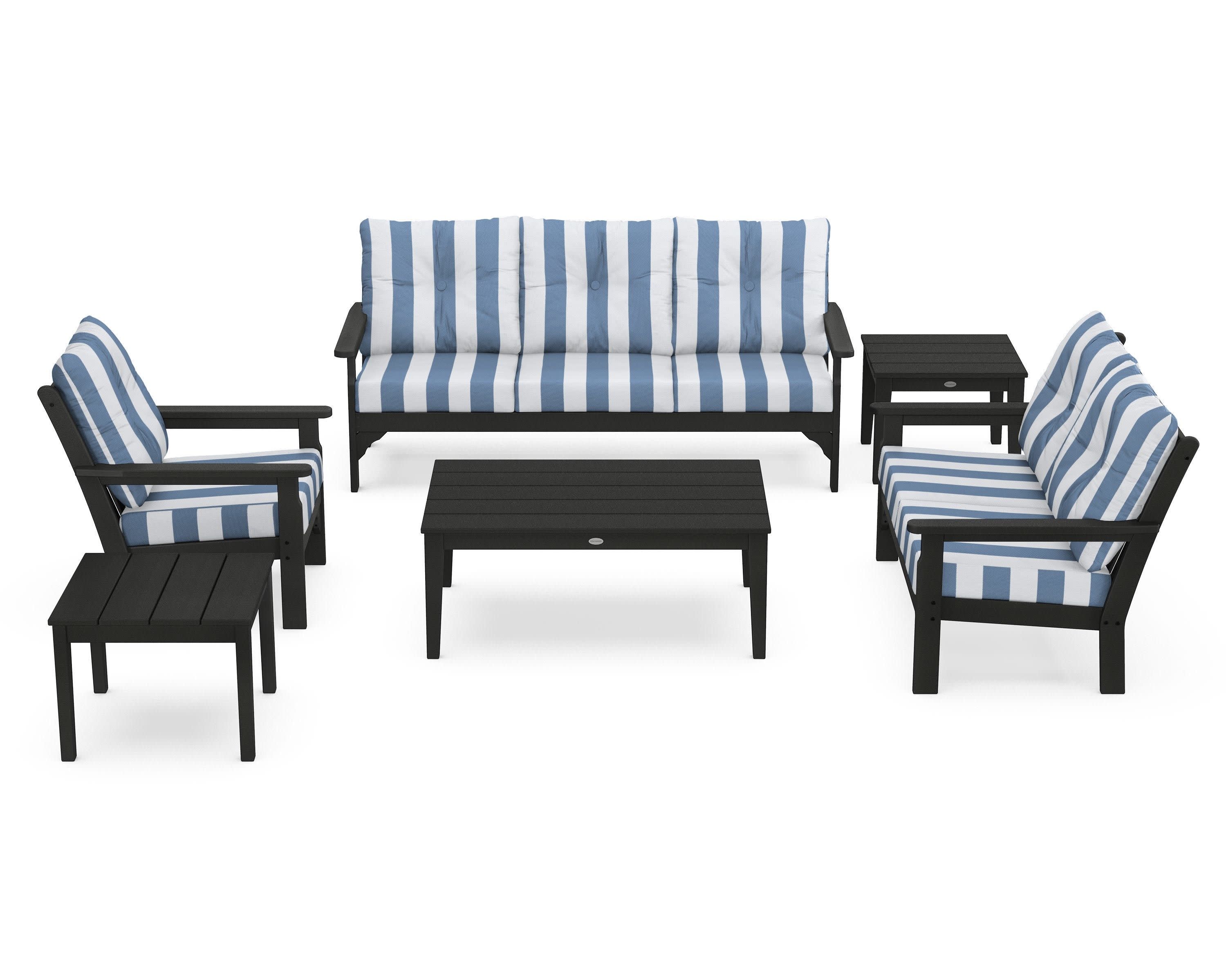 Vineyard 6-Piece Deep Seating Set in Black / Cabana Stripe Sky Blue