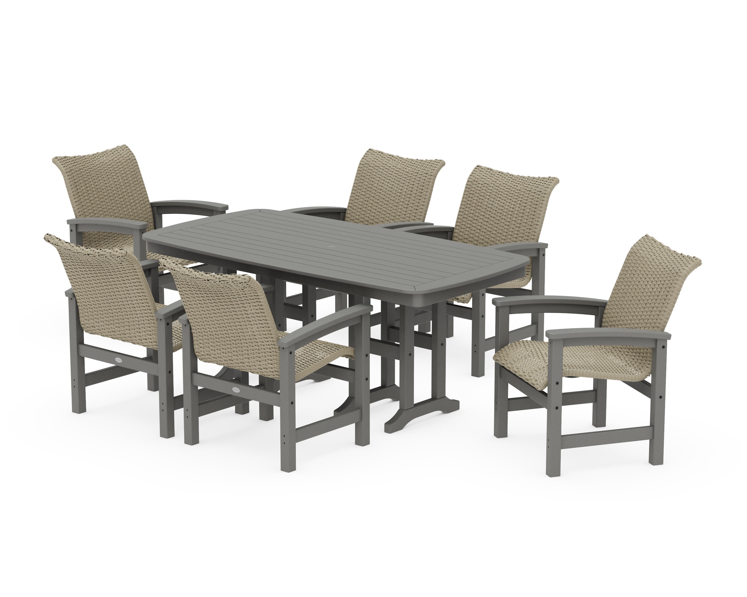 Coastal Woven Arm Chair 7-Piece Dining Set in Slate Grey / Dune Grass