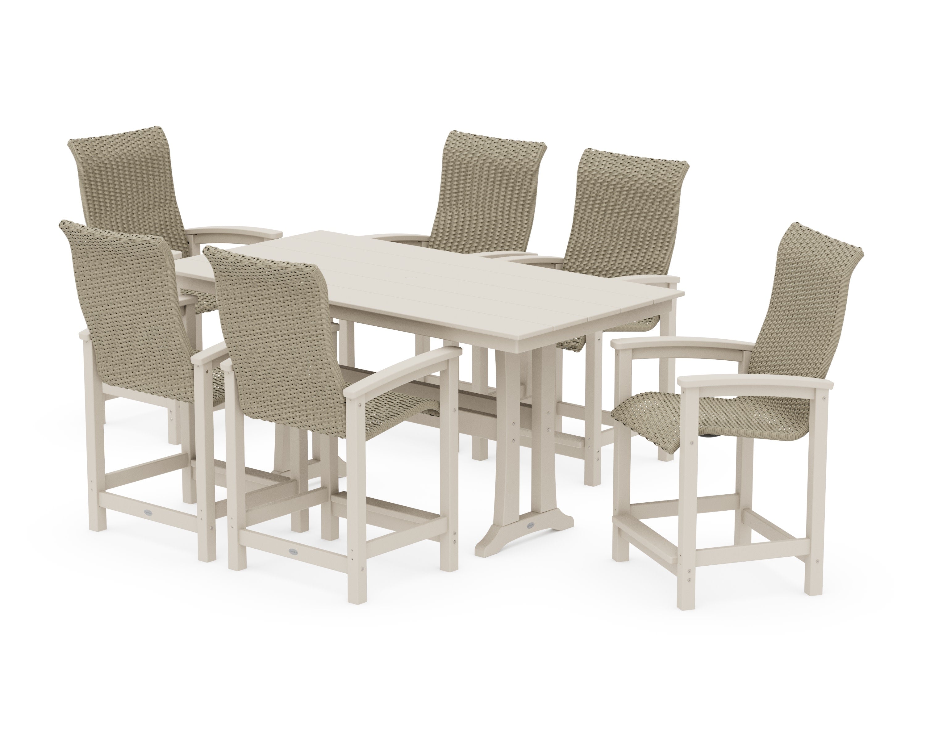 Coastal Woven High-Back Arm Chair 7-Piece Farmhouse Counter Set with Trestle Legs in Sand / Dune Grass