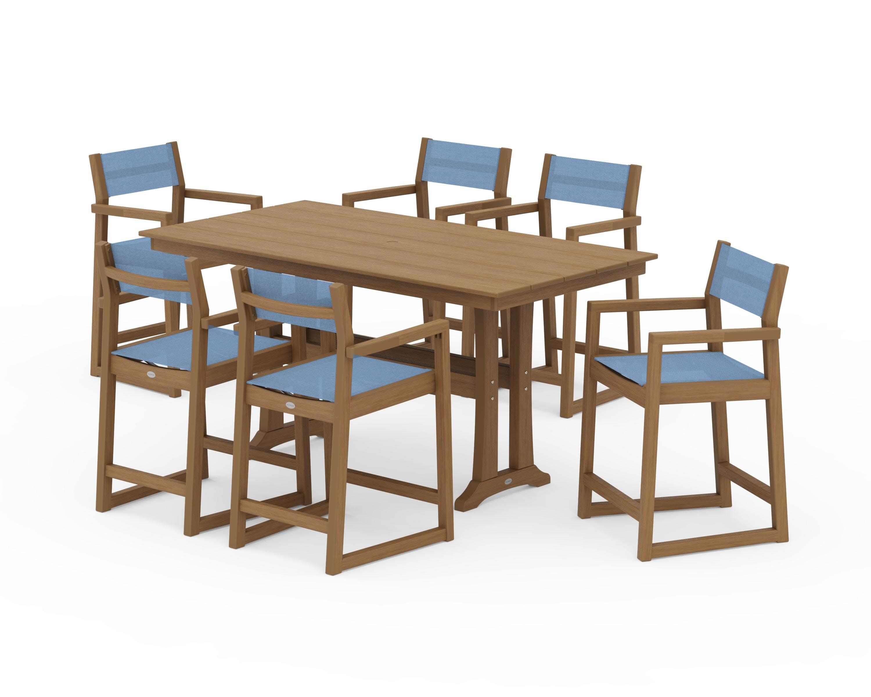 EDGE Sling Arm Chair 7-Piece Farmhouse Counter Set with Trestle Legs in Natural / Poolside Sling
