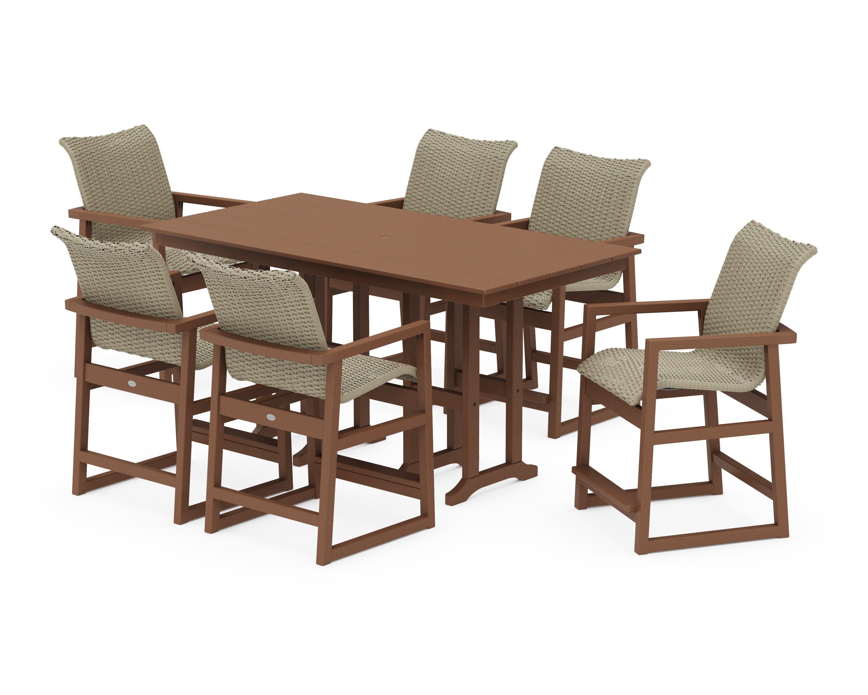 EDGE Woven Arm Chair 7-Piece Farmhouse Counter Set in Teak / Dune Grass
