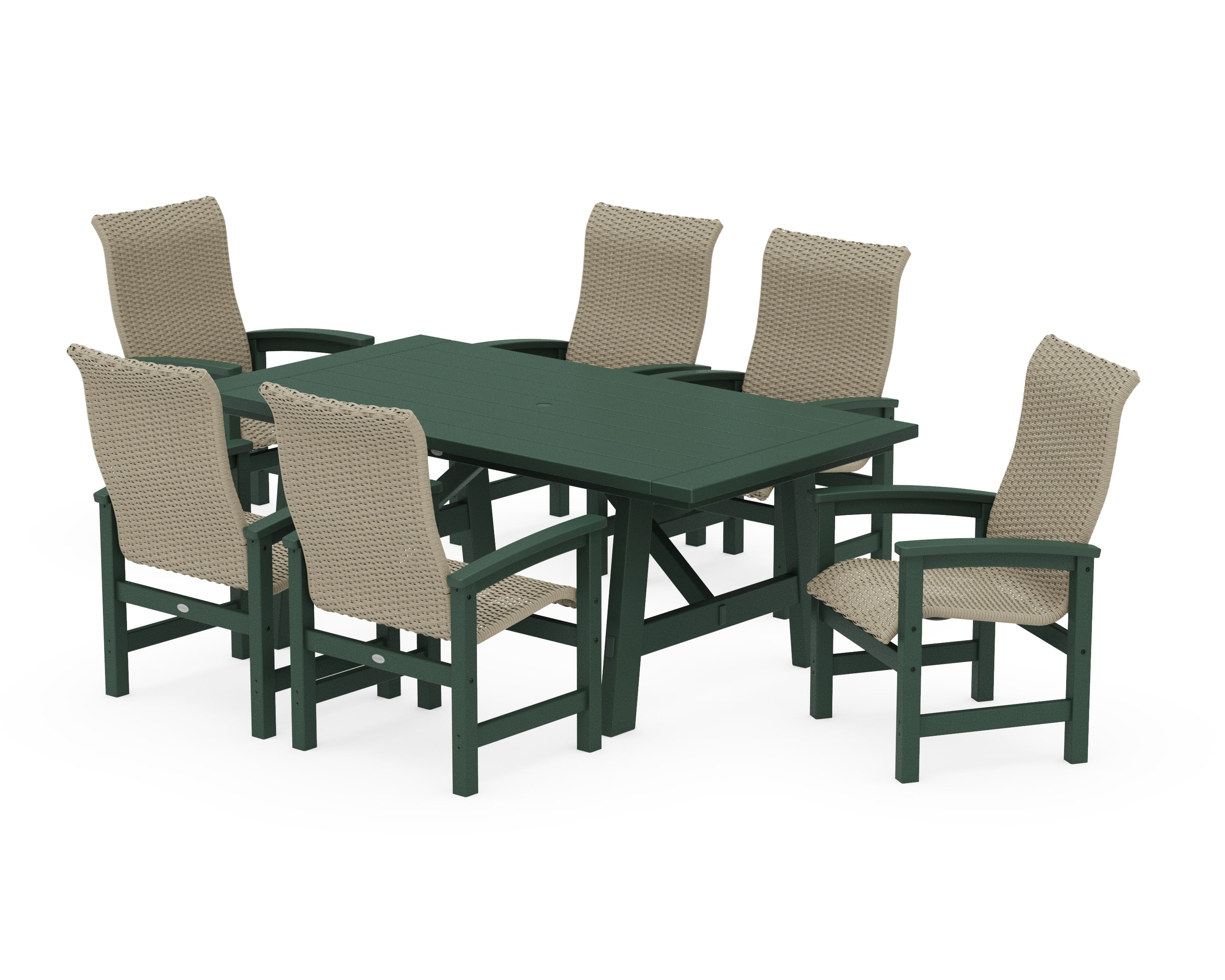 Coastal Woven High-Back Arm Chair 7-Piece Rustic Farmhouse Dining Set in Green / Dune Grass