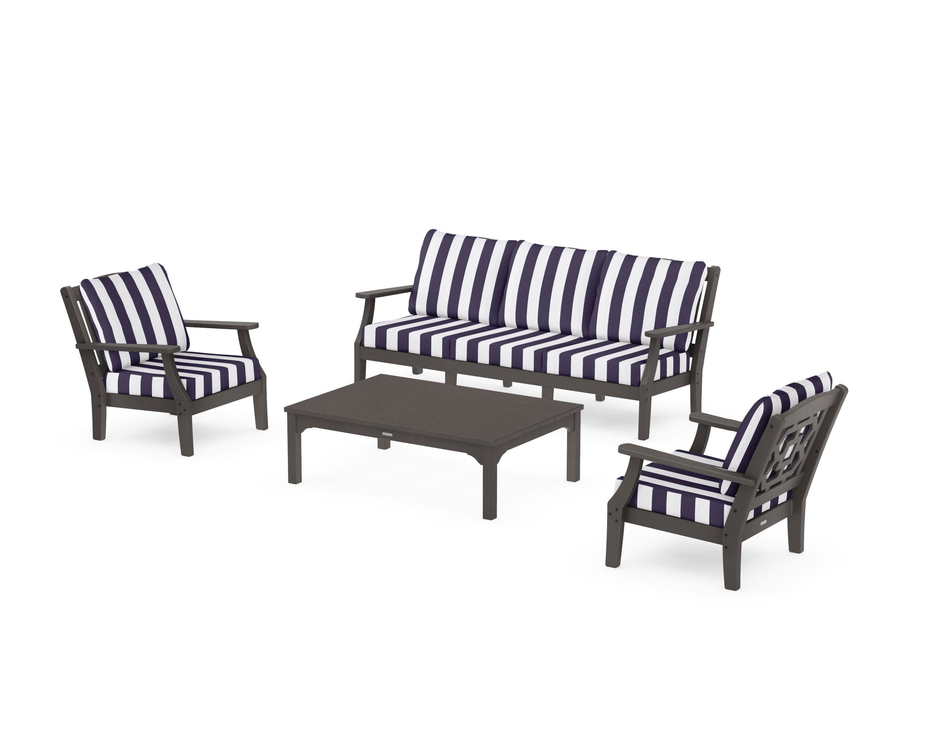 Chinoiserie 4-Piece Deep Seating Set with Sofa in Vintage Coffee / Cabana Stripe Navy