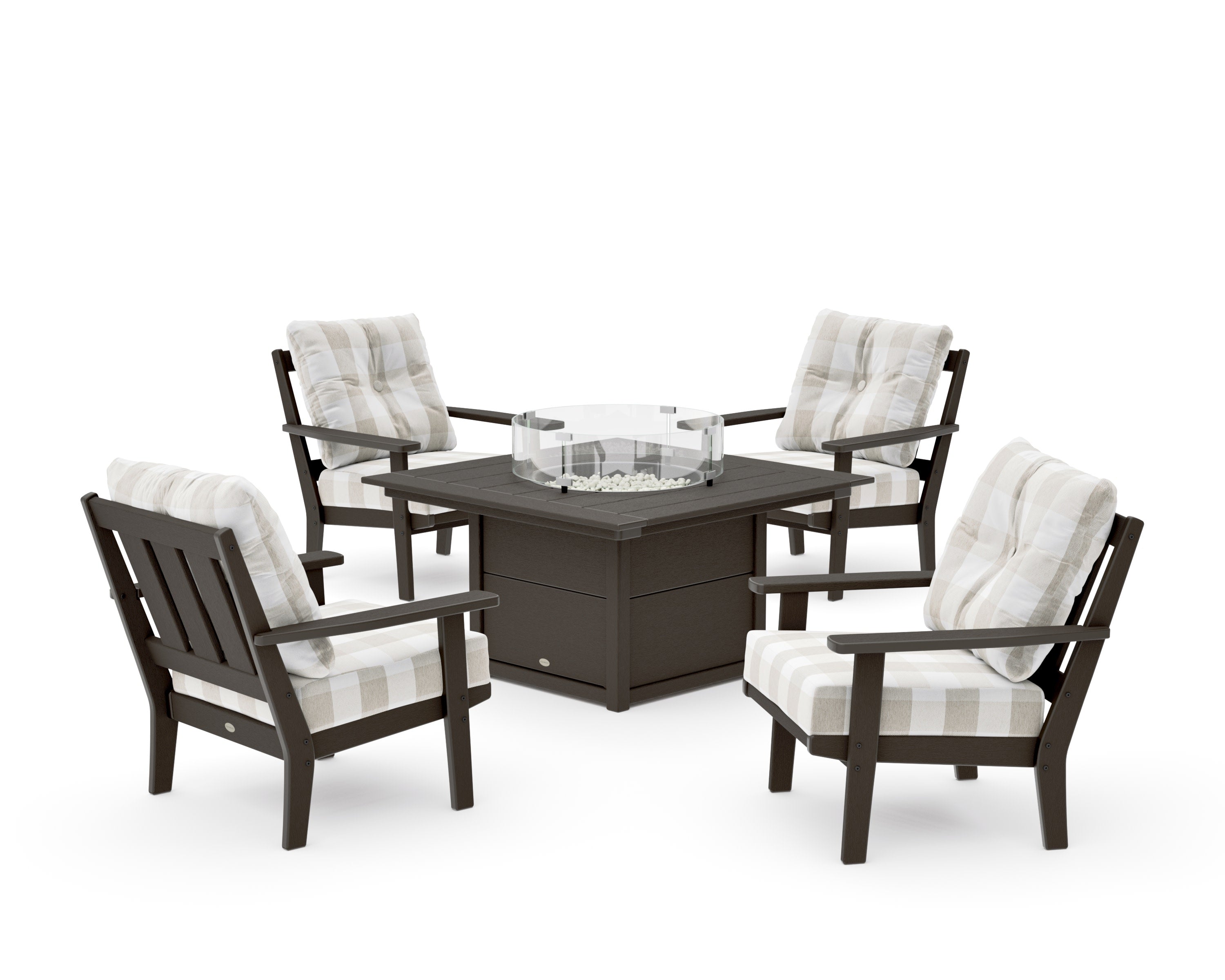 Oxford 5-Piece Deep Seating Set with Fire Pit Table in Vintage Coffee / Buffalo Plaid Dune Burlap