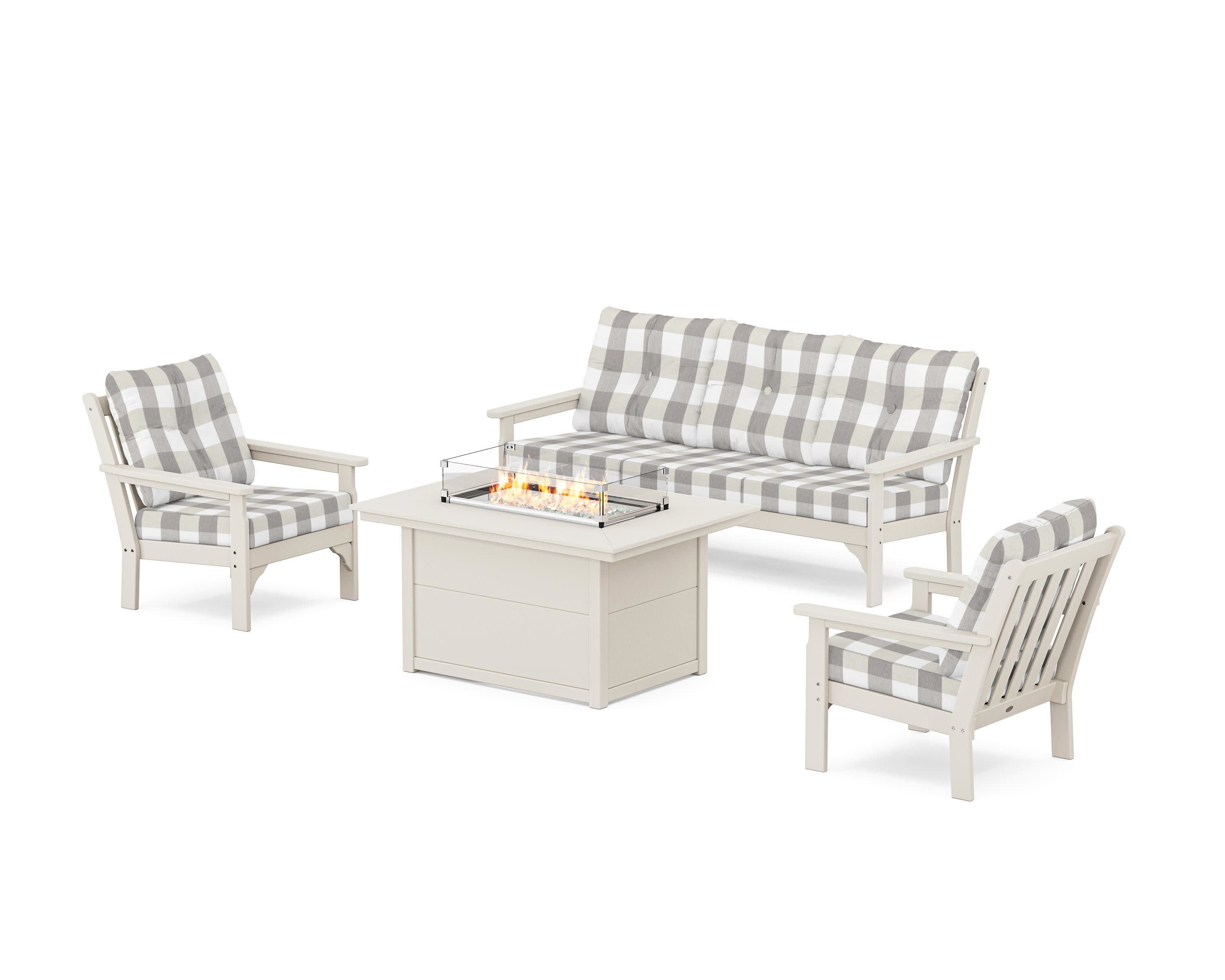 Vineyard Deep Seating Fire Pit Table Set in Sand / Buffalo Plaid Grey Mist