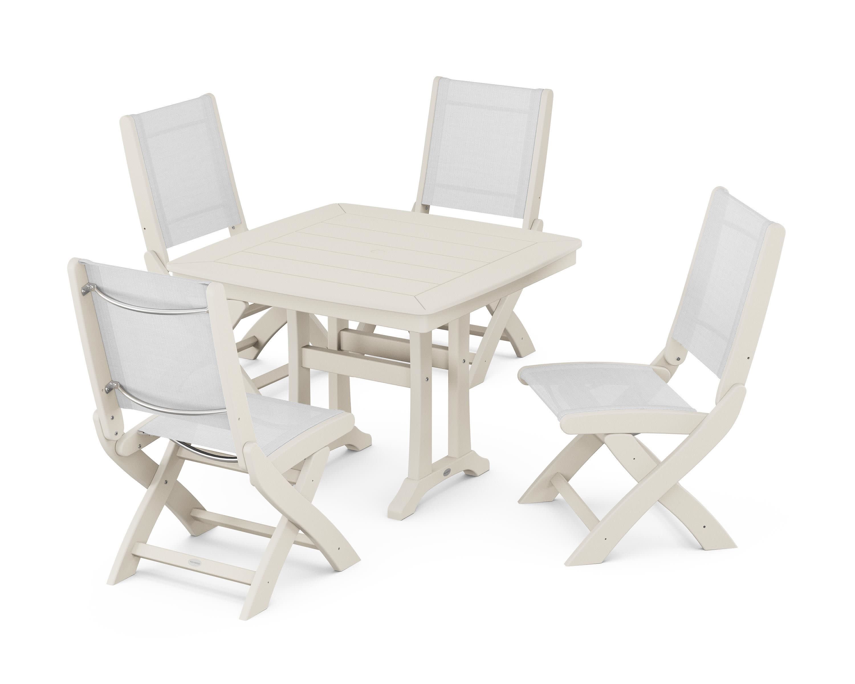 Coastal Folding Side Chair 5-Piece Dining Set with Trestle Legs in Sand / White Sling