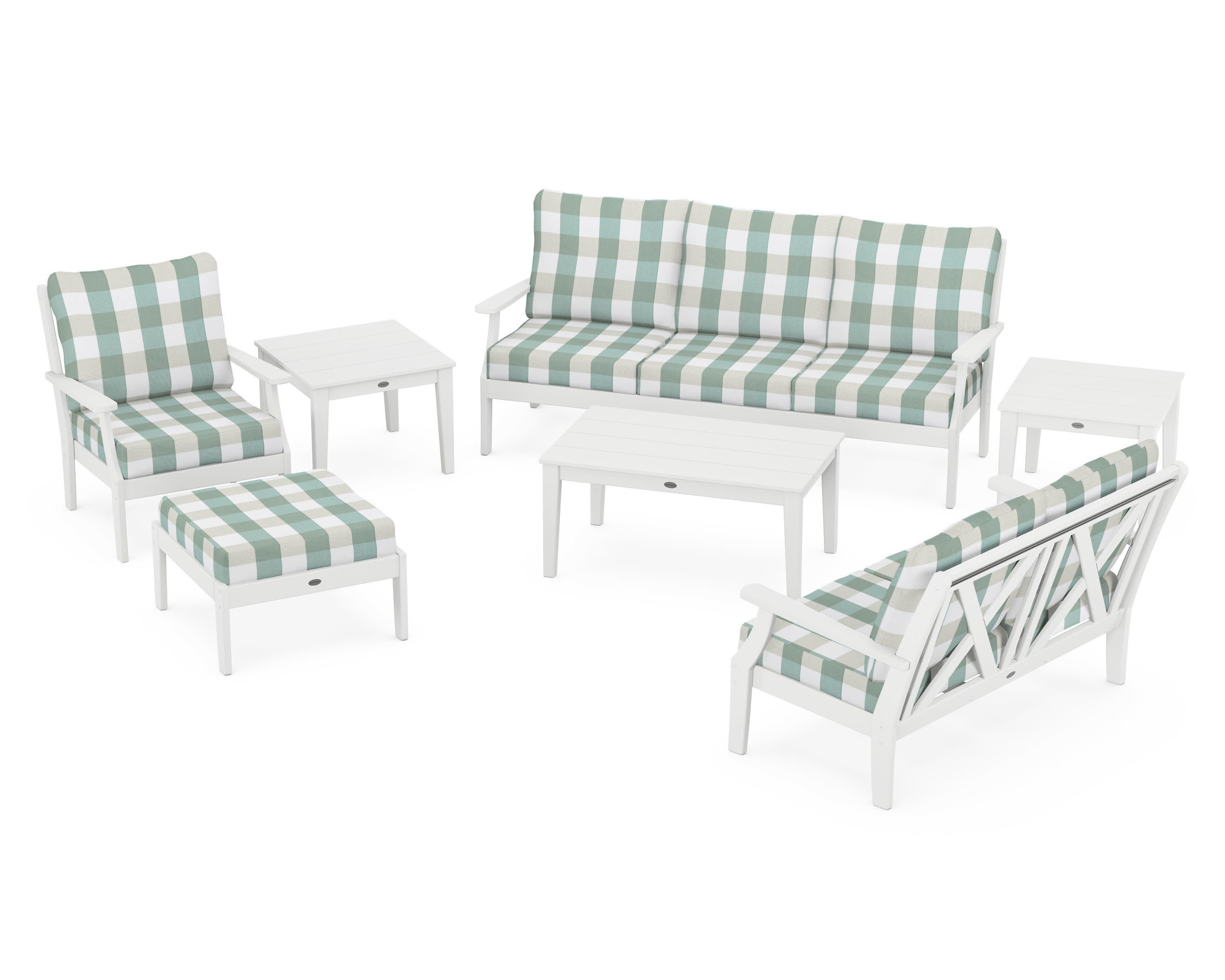 Braxton 7-Piece Deep Seating Set in White / Buffalo Plaid Glacier Spa