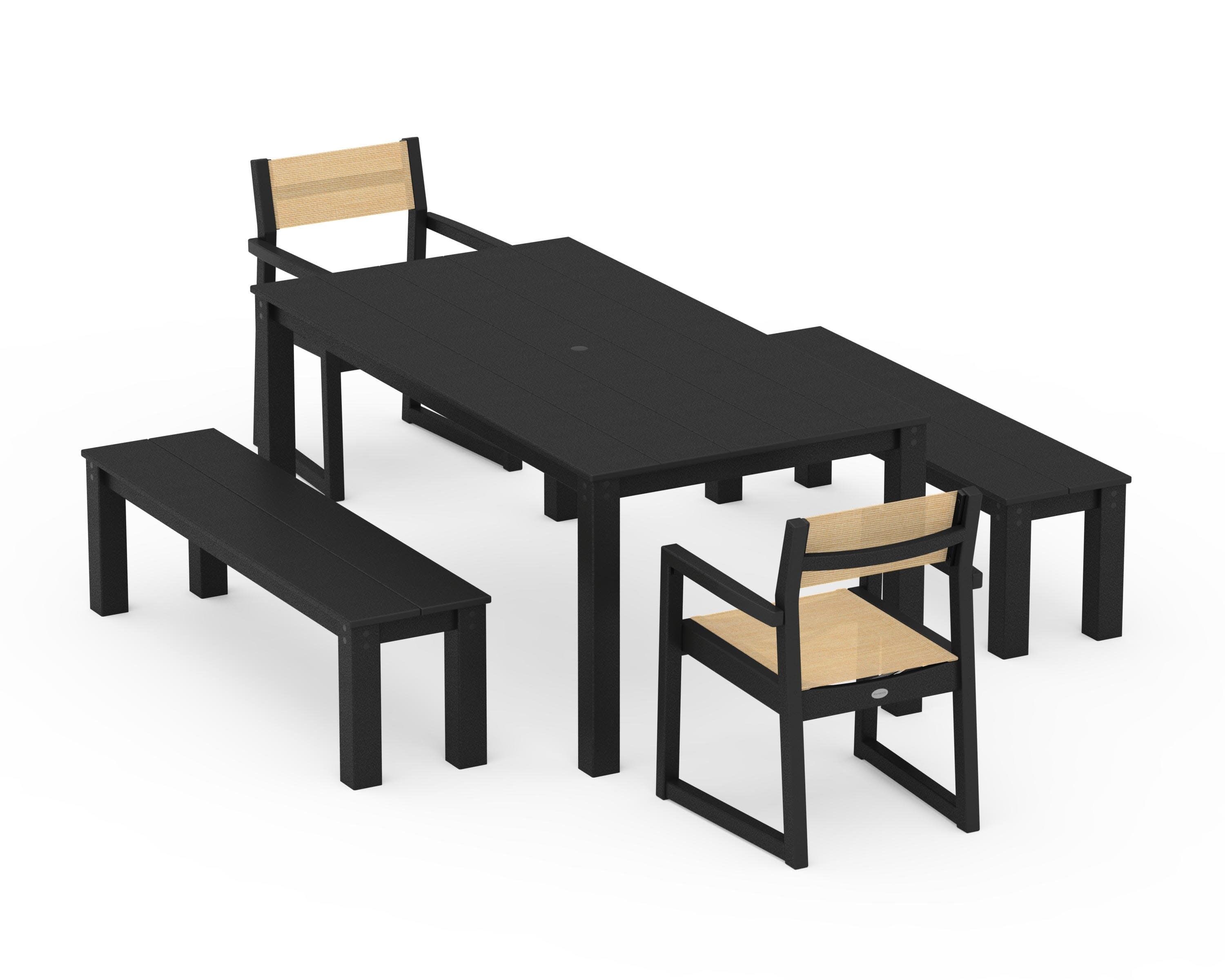 EDGE Sling Arm Chair 5-Piece Parsons Dining Set with Benches in Black / Dupioni Apricot Sling