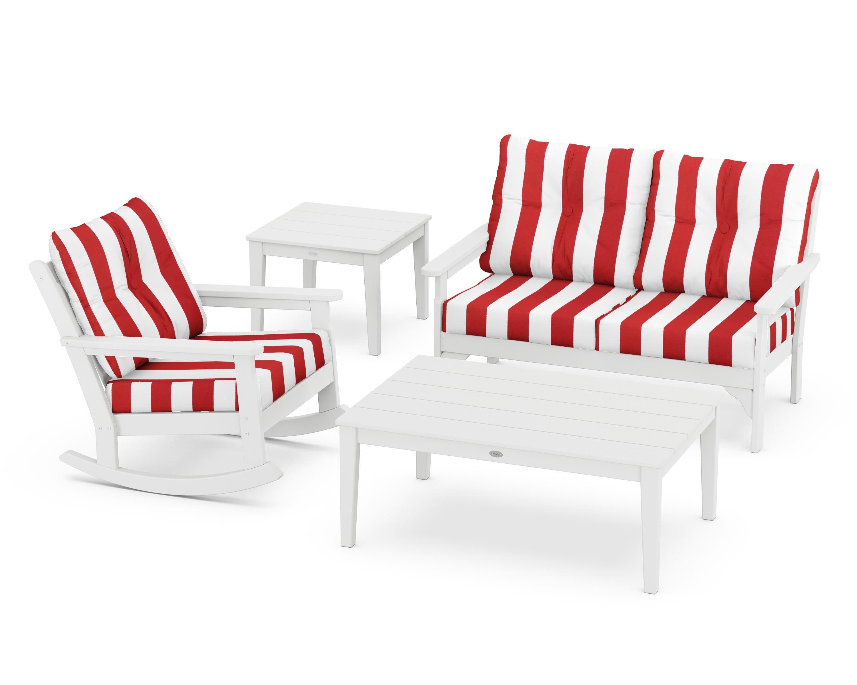 Vineyard 4-Piece Deep Seating Rocker Set in White / Cabana Stripe Crimson
