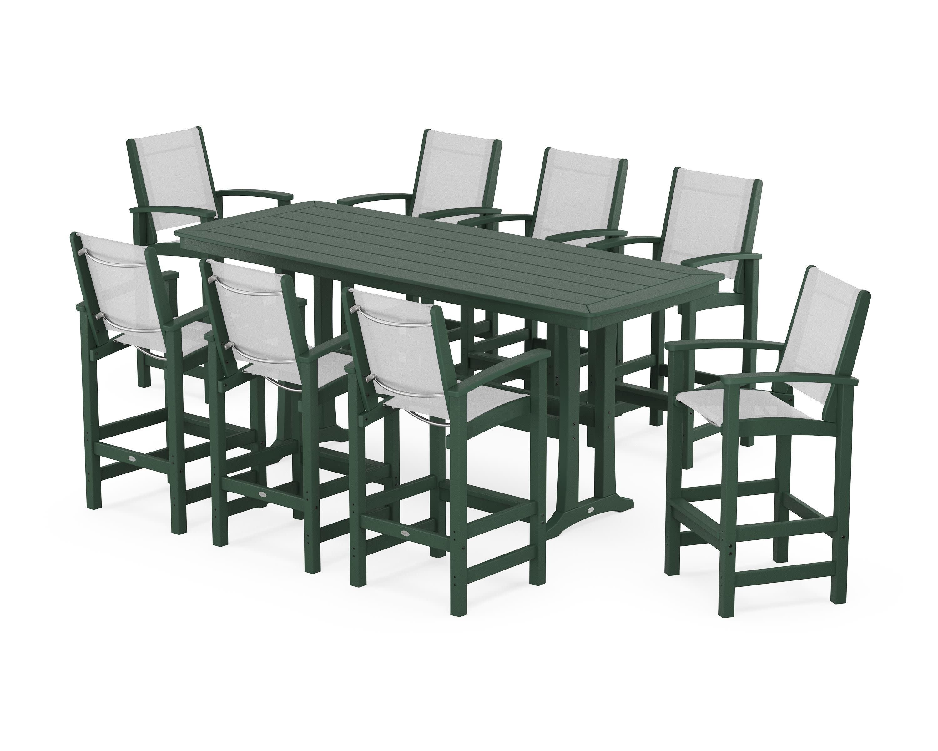 Coastal 9-Piece Bar Set with Trestle Legs in Green / White Sling
