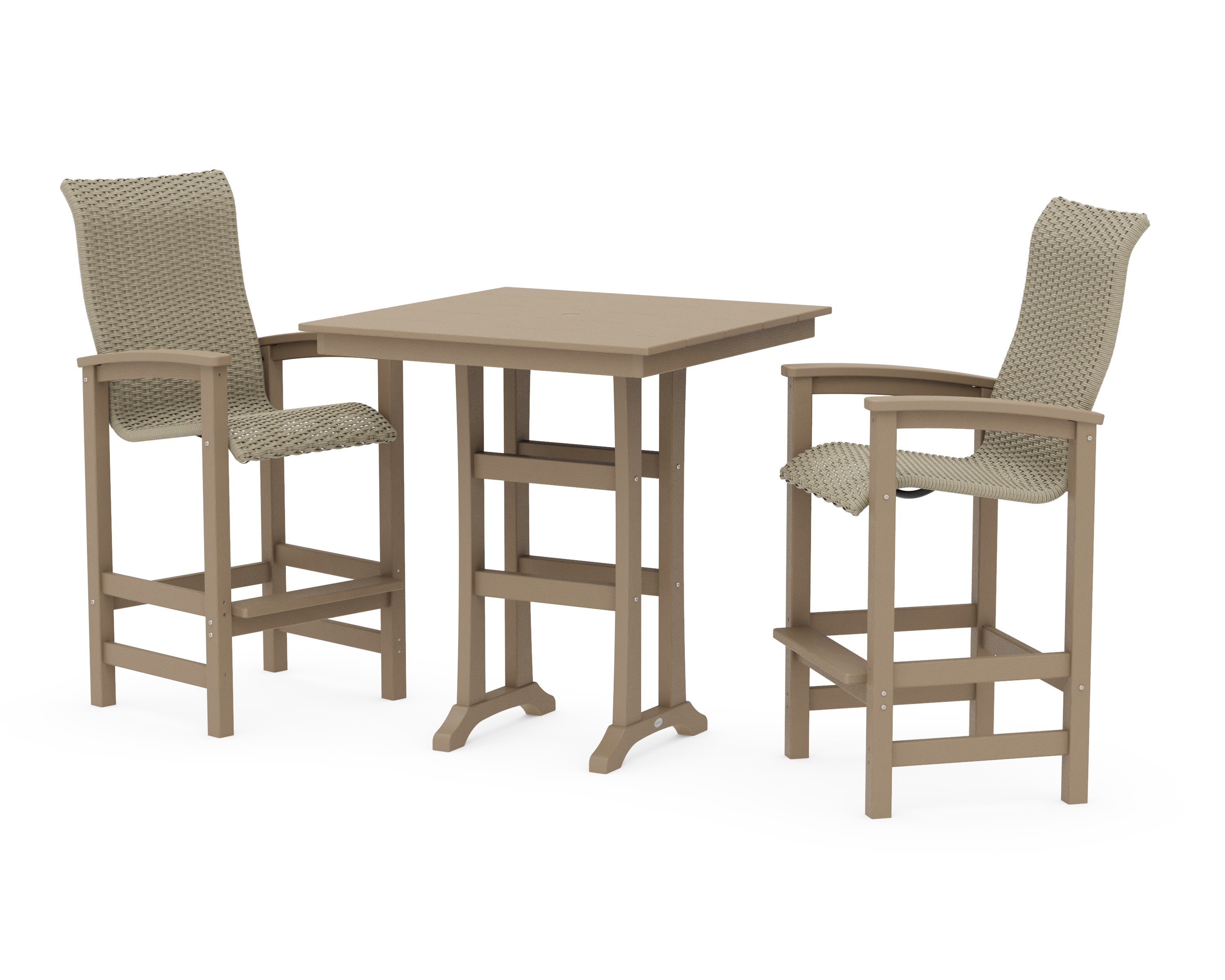 Coastal Woven High-Back 3-Piece Farmhouse Bar Set with Trestle Legs in Vintage Sahara / Dune Grass