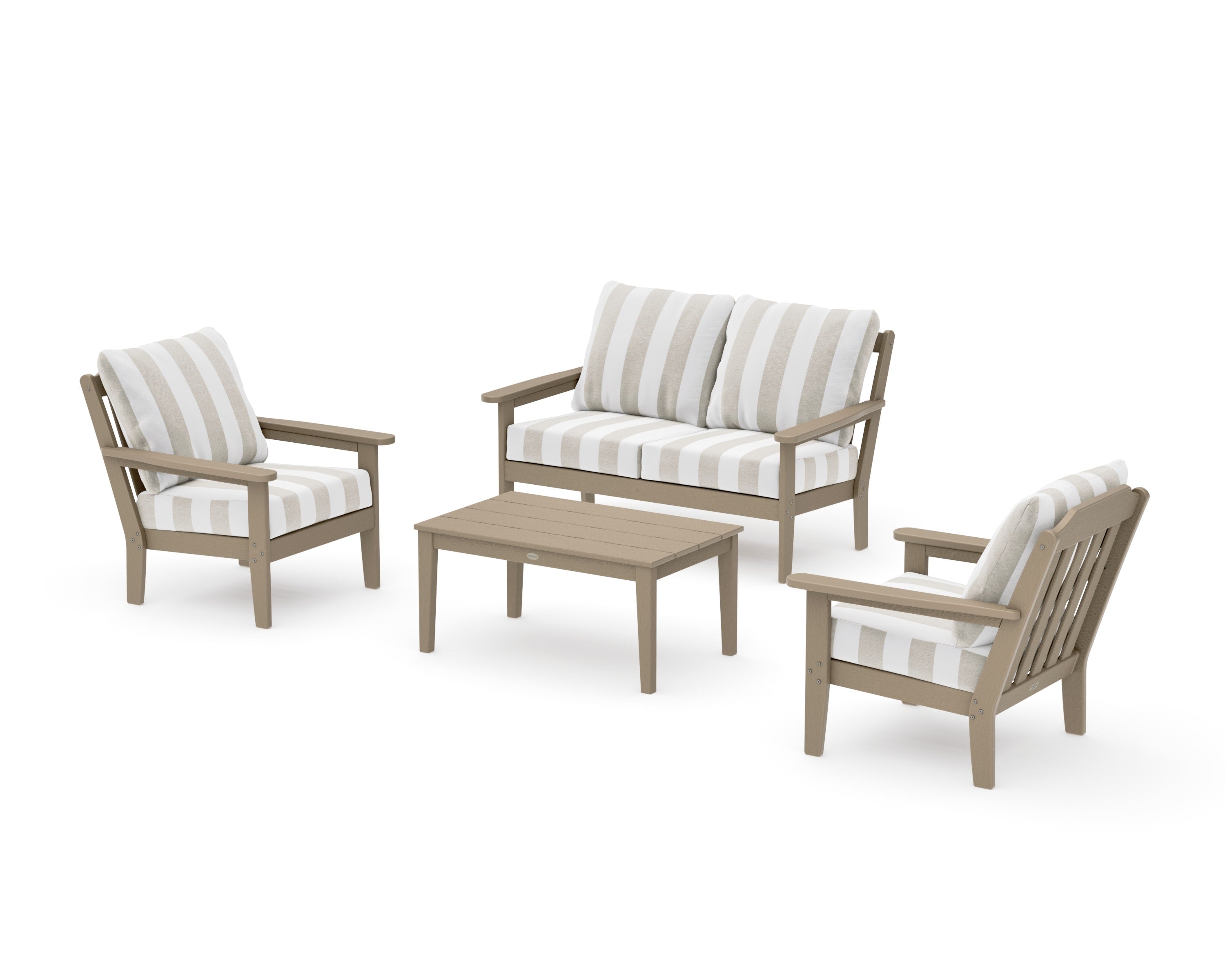 Cottage 4-Piece Deep Seating Set with Loveseat in Vintage Sahara / Cabana Stripe Dune Burlap