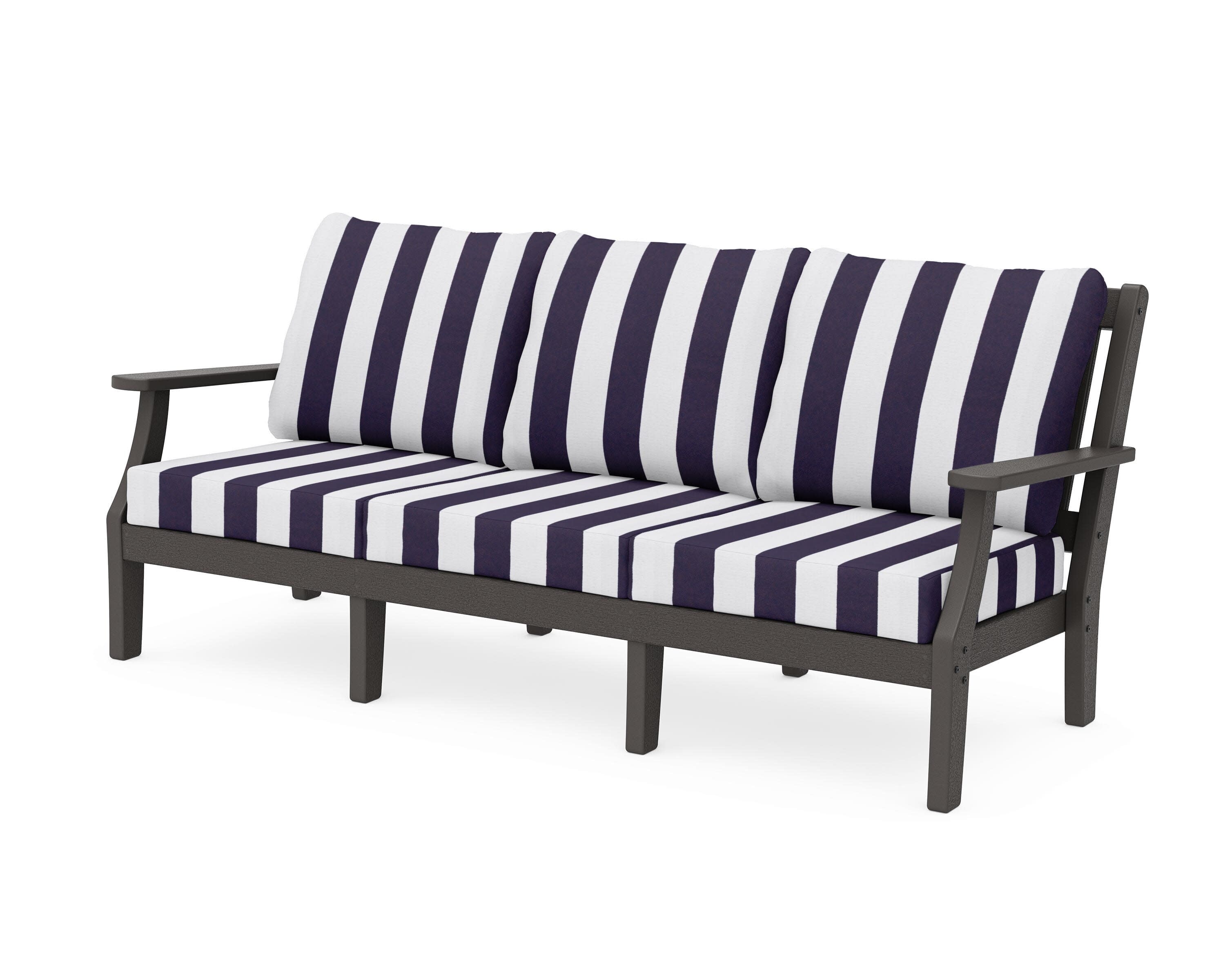 Chinoiserie Deep Seating Sofa in Vintage Coffee / Cabana Stripe Navy