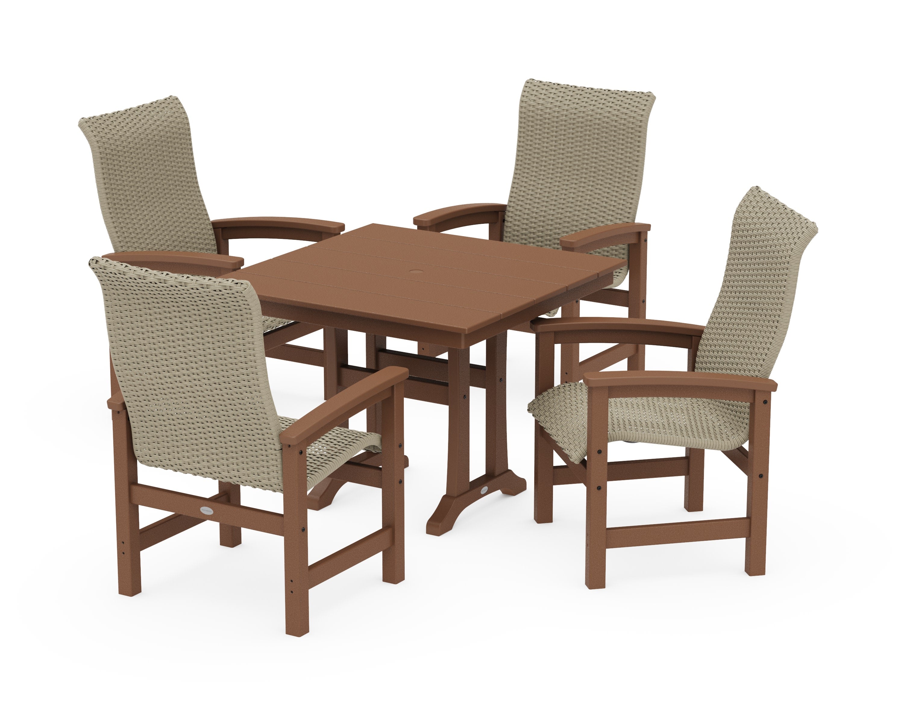 Coastal Woven High-Back 5-Piece Farmhouse Dining Set with Trestle Legs in Teak / Dune Grass