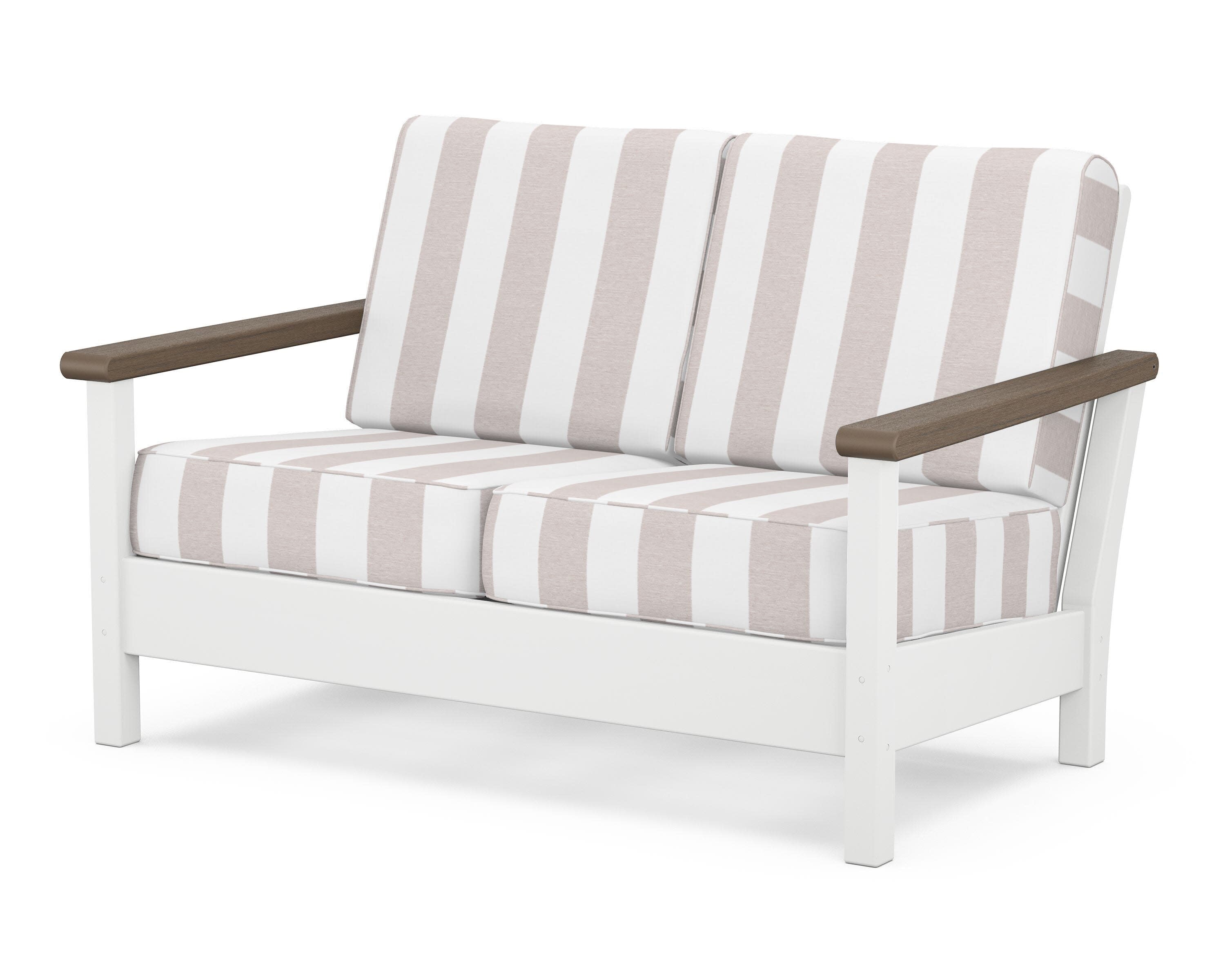 Harbour Deep Seating Loveseat in White / Kona / Cabana Stripe Dune Burlap