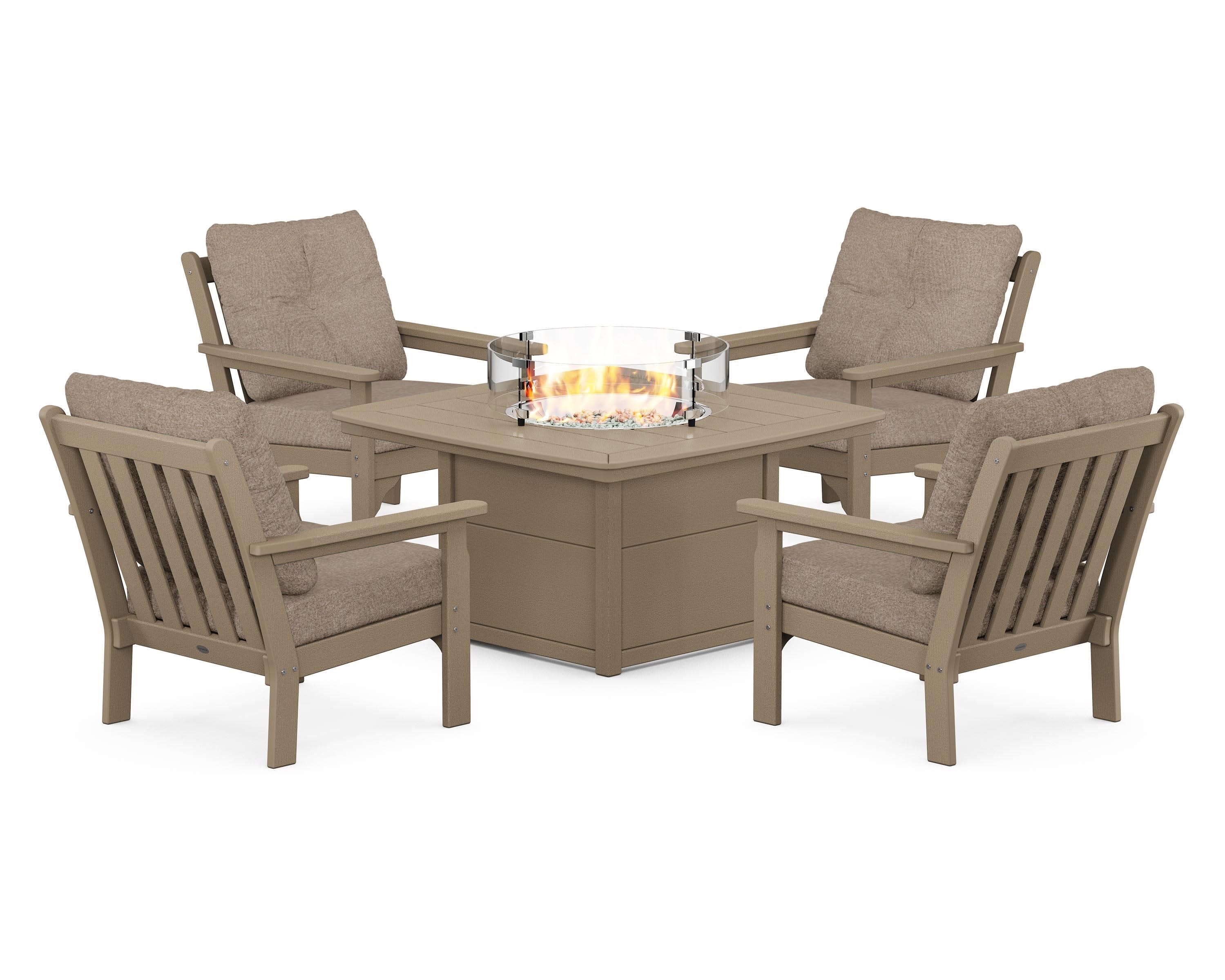 Vineyard 5-Piece Conversation Set with Fire Pit Table in Vintage Sahara / Spiced Burlap