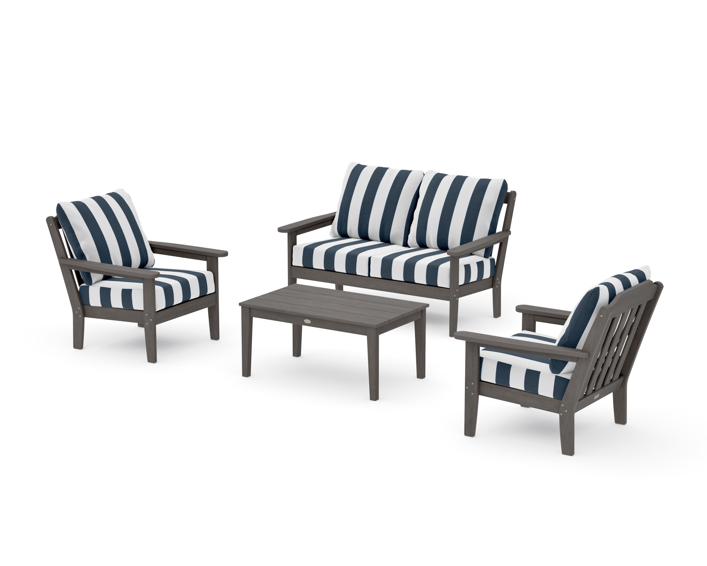 Cottage 4-Piece Deep Seating Set with Loveseat in Driftwood / Cabana Stripe Marine Indigo