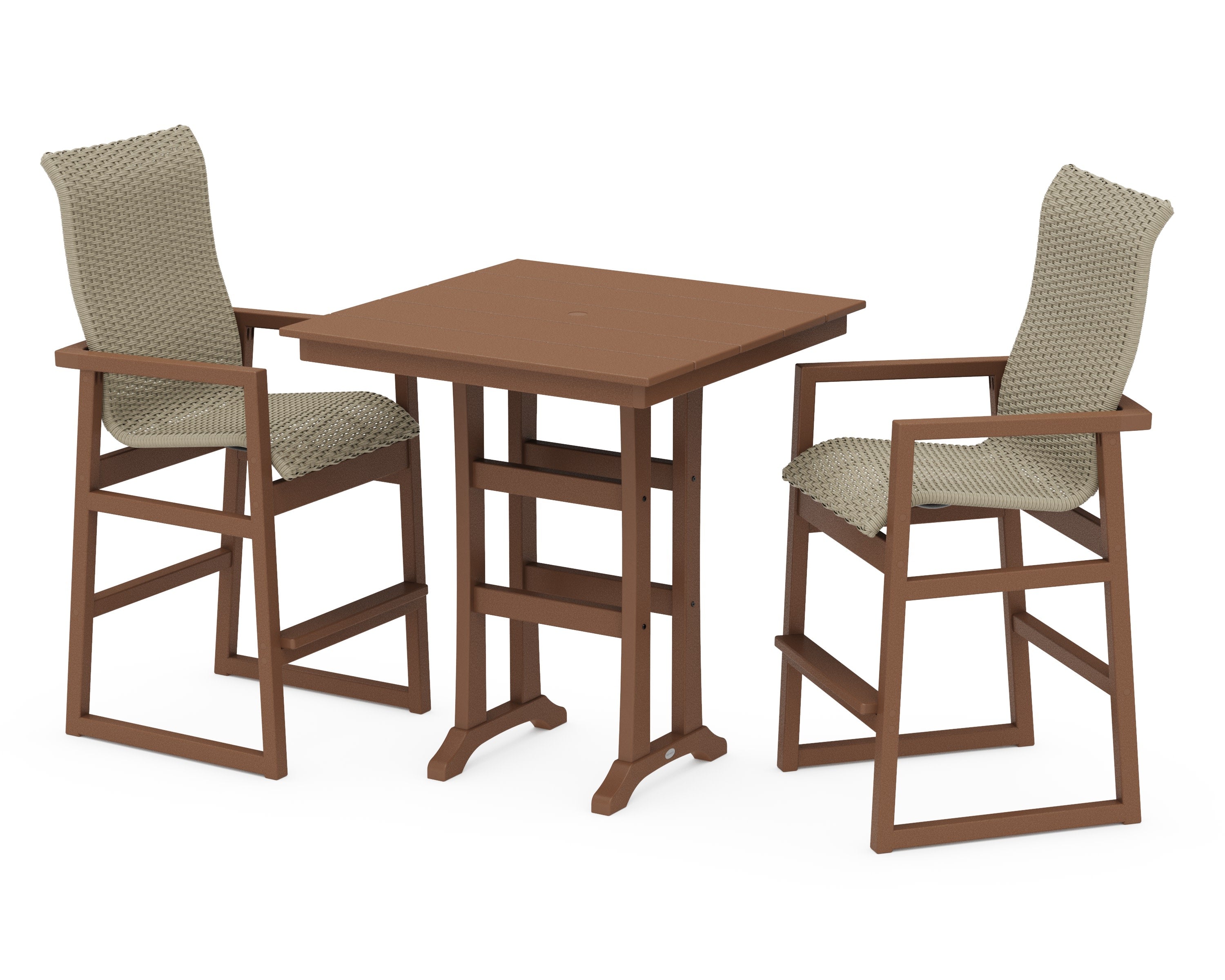 EDGE Woven Highback 3-Piece Farmhouse Bar Set with Trestle Legs in Teak / Dune Grass